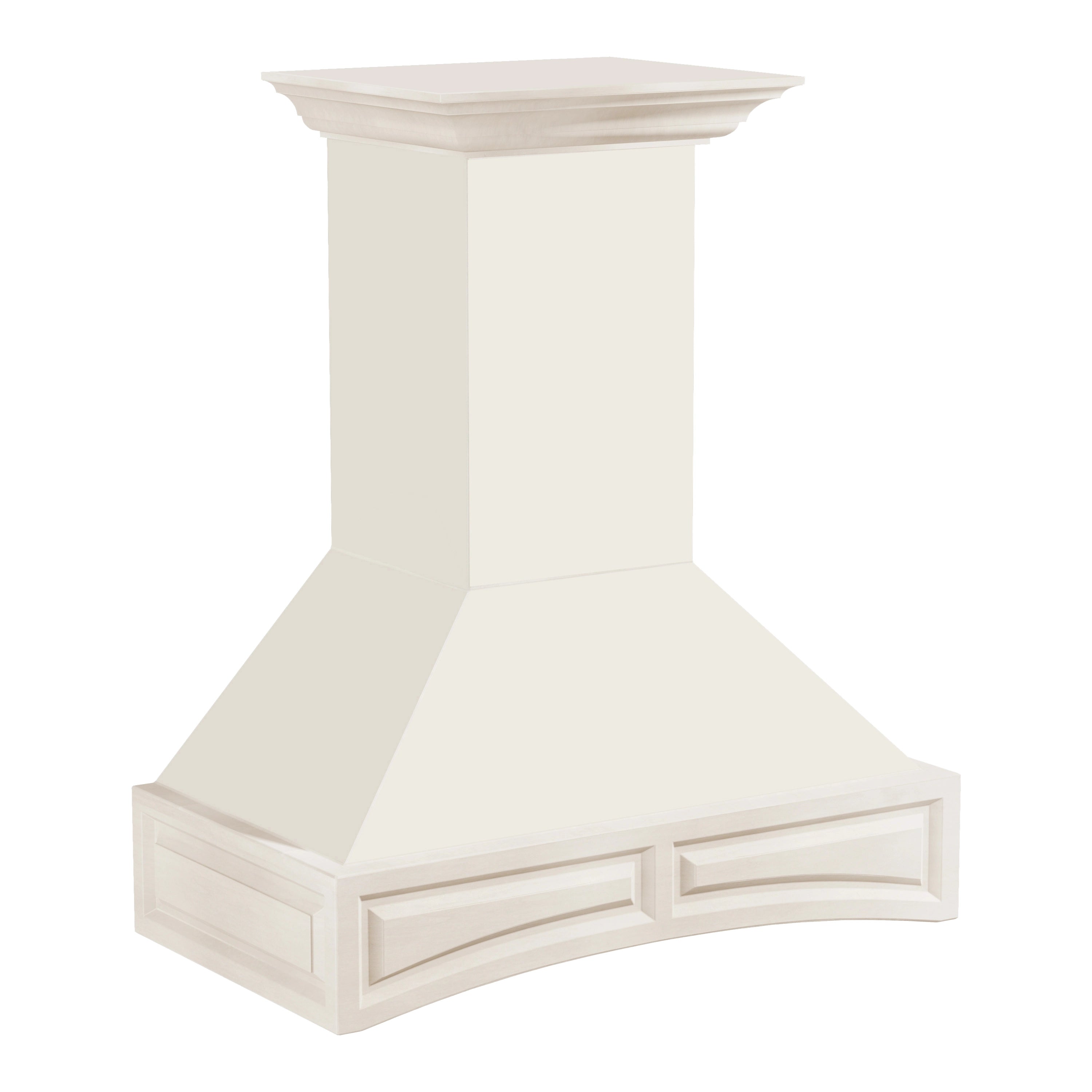 White chimney range hood with decorative base and top cap, front view