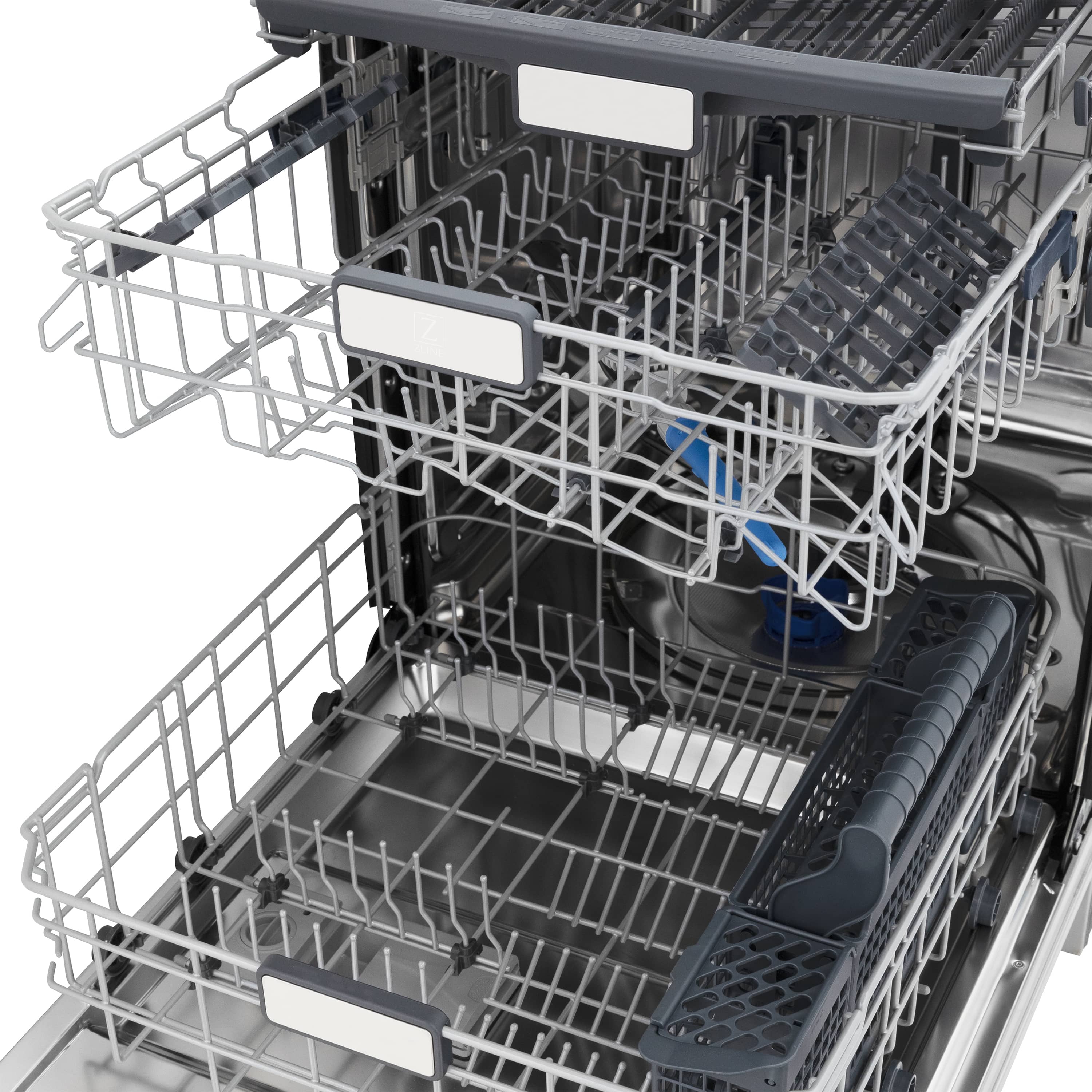 Black stainless dishwasher interior close-up with stacked racks and gray cutlery basket