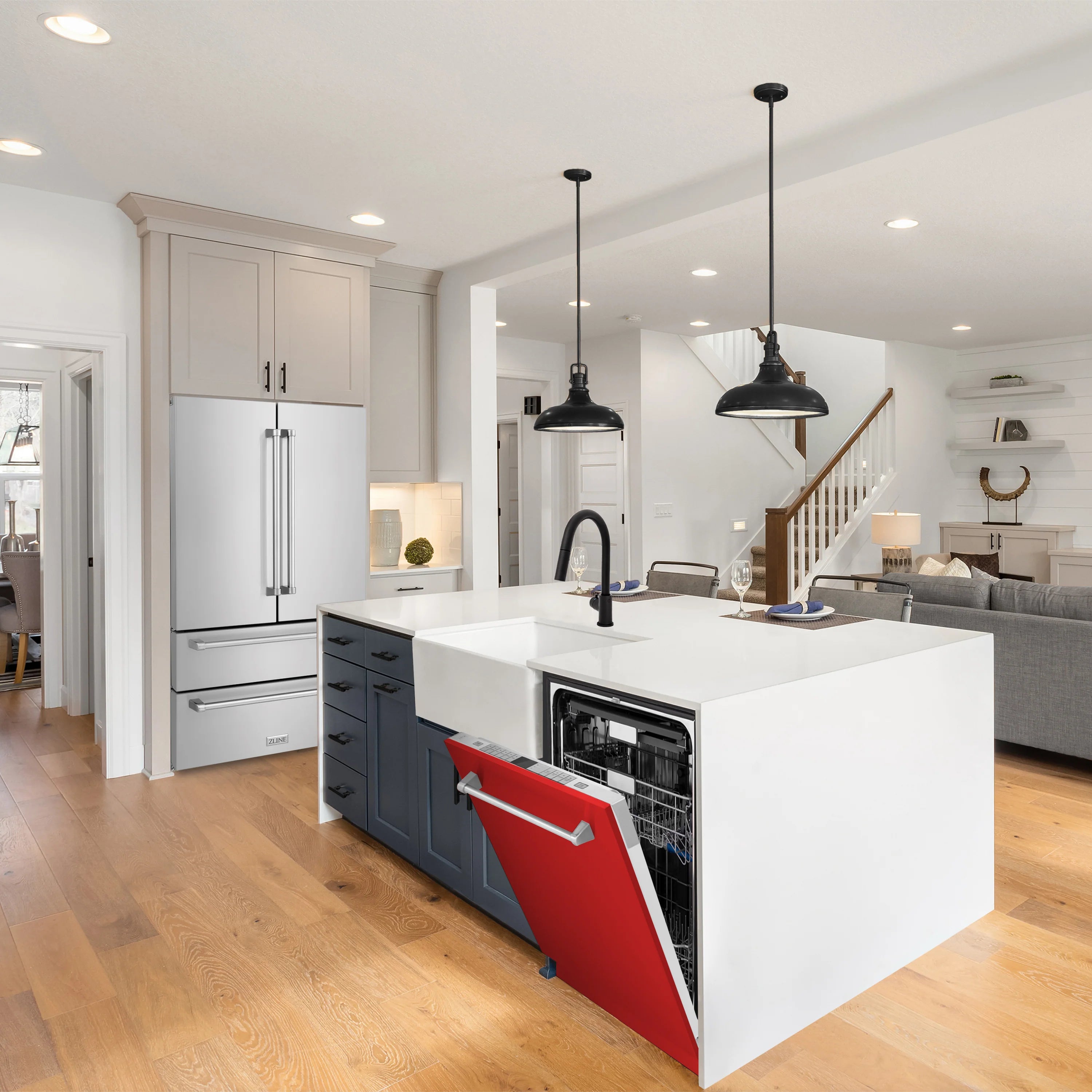 Built-in dishwasher with red door front and open stainless interior