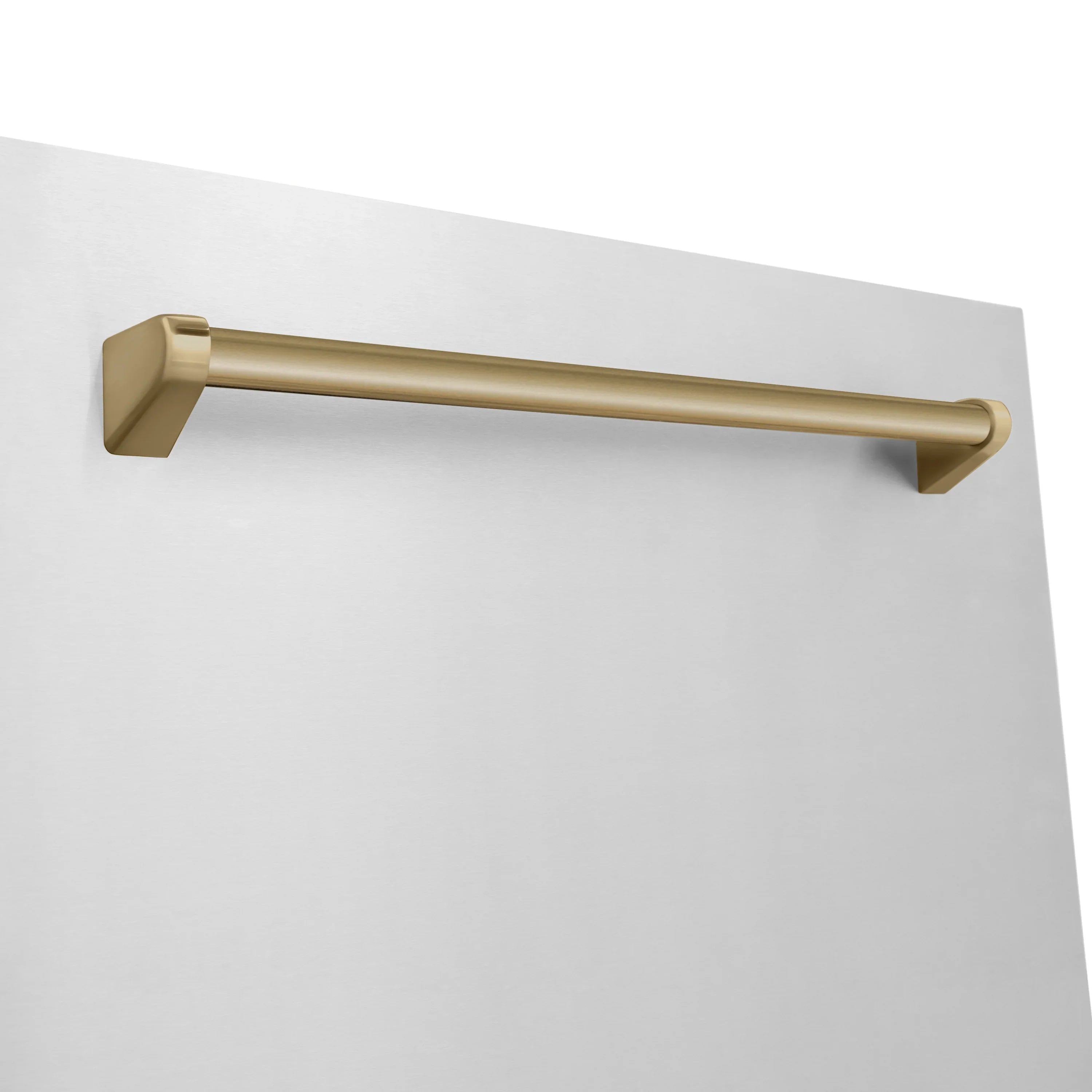 Gold bar pull handle mounted on an appliance door or drawer front
