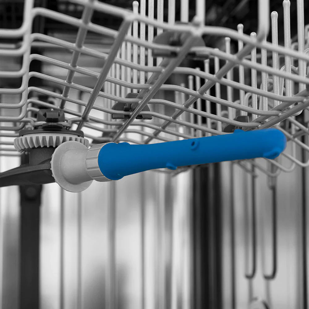 Dishwasher upper rack with blue spray arm and mounting hub