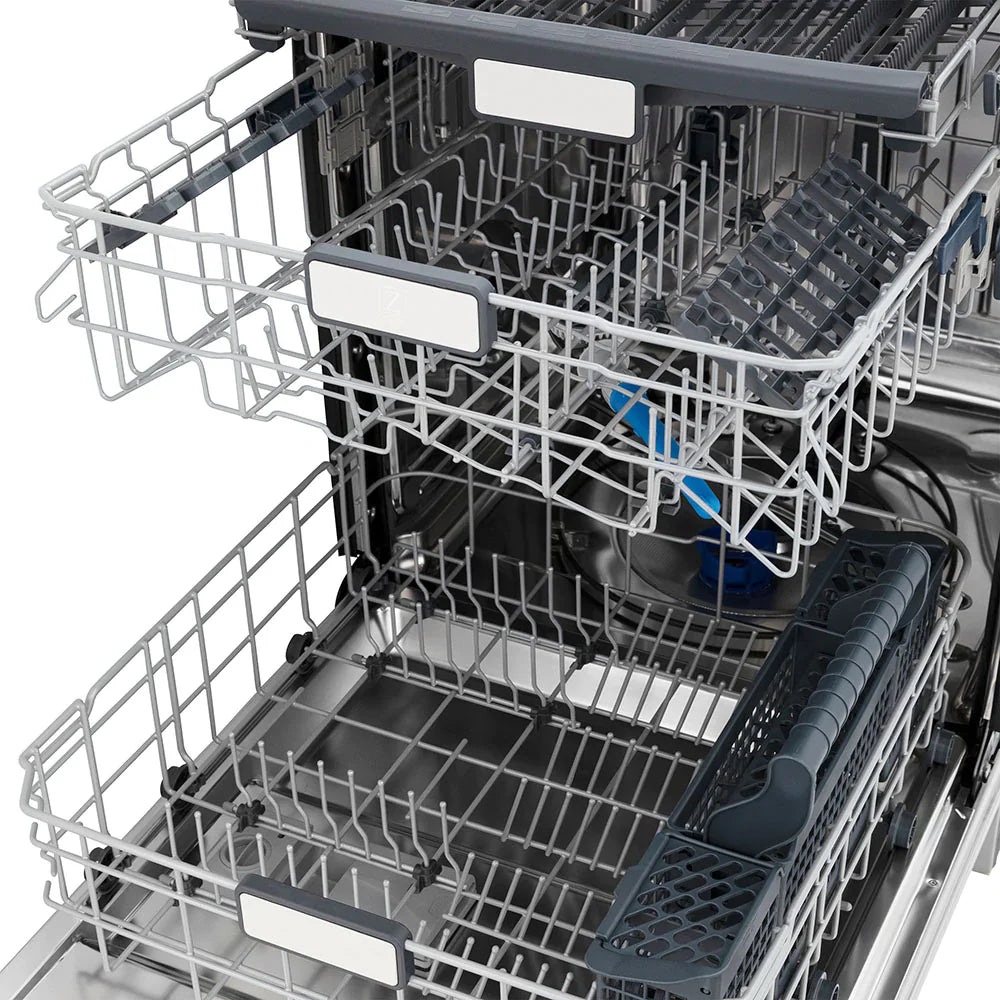 Stainless steel dishwasher tub with top and bottom racks and gray utensil holders