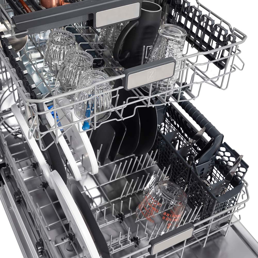 Dishwasher interior with stacked racks, glasses, and ZLINE soap dispenser