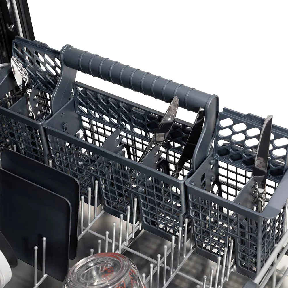 Dishwasher interior utensil rack with divider supports and black tray