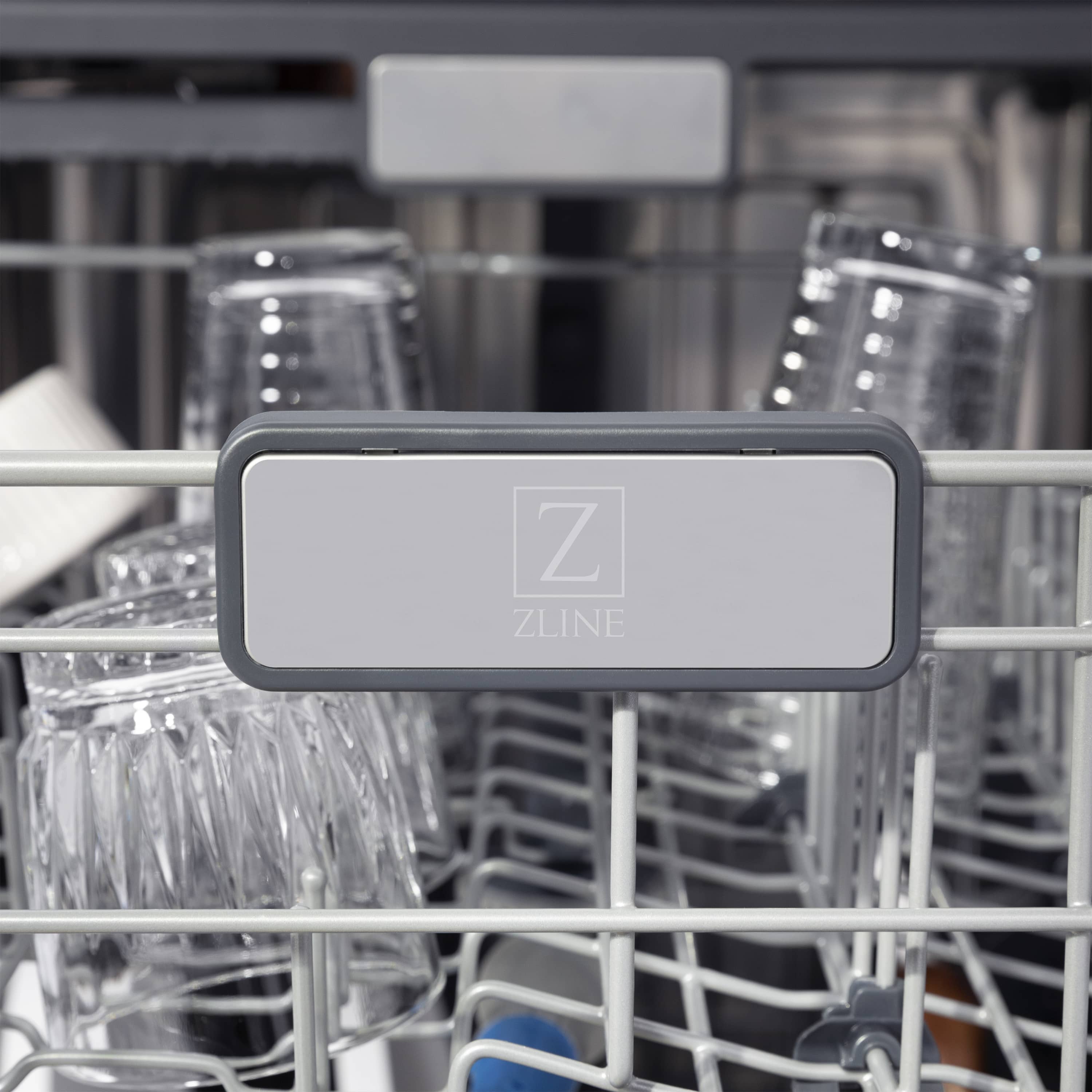 ZLINE badge on dishwasher rack with stainless bars