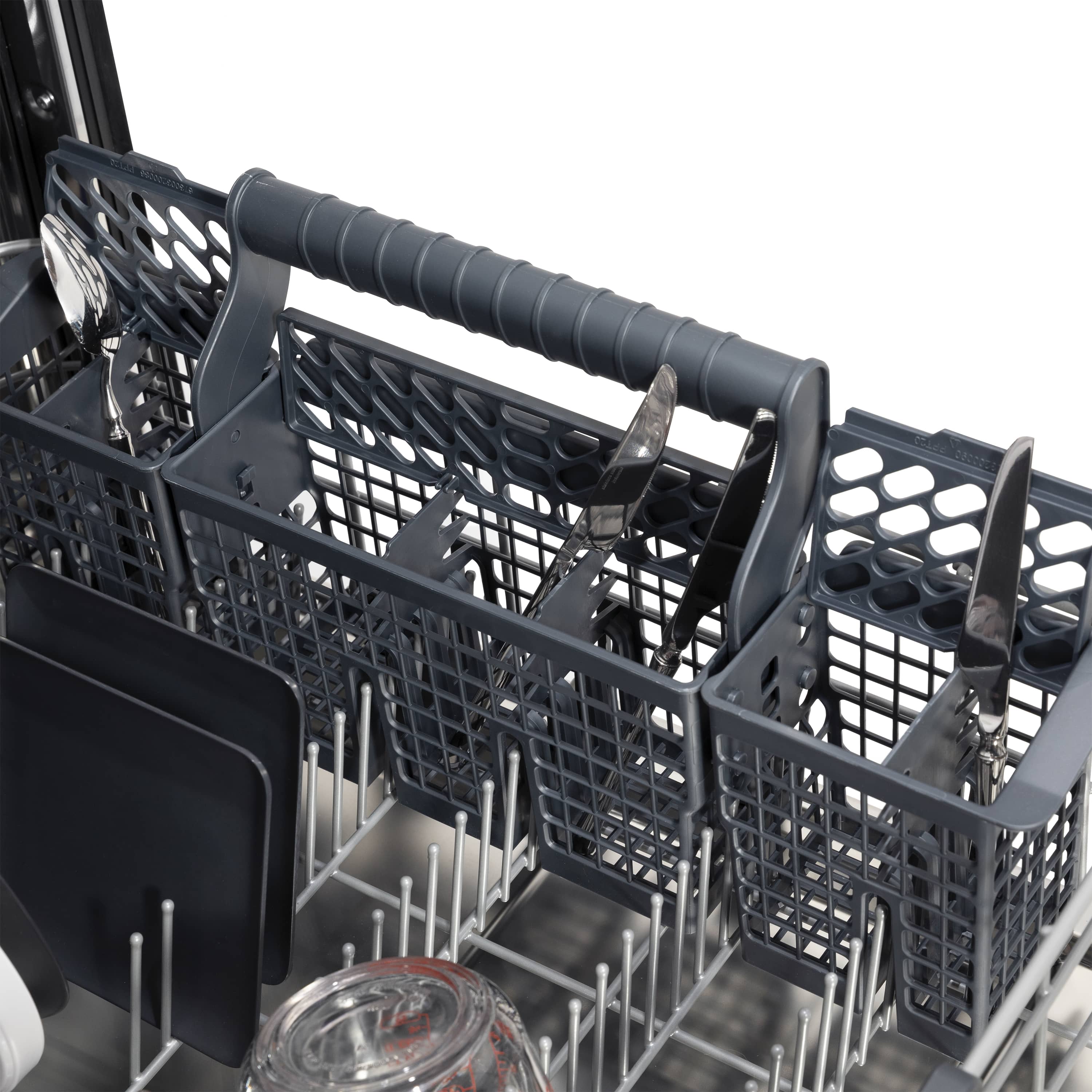 Black dishwasher rack with folding tines and metal prongs, chrome tub interior visible.