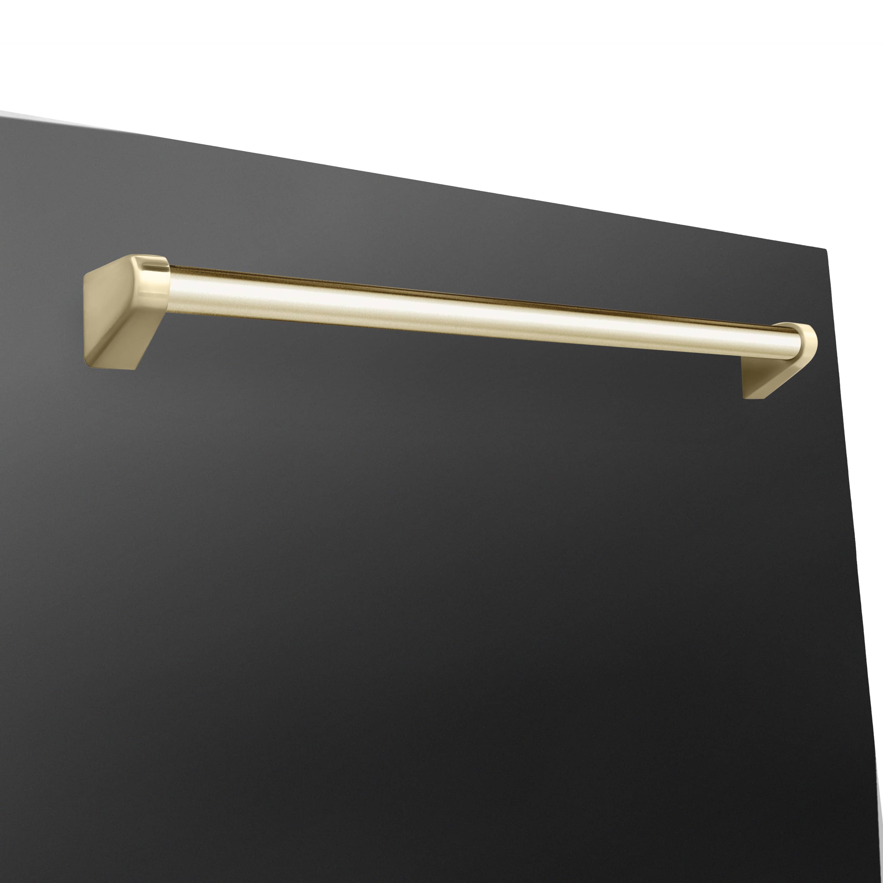 Black appliance panel with gold metal handle bar and corner mounting brackets