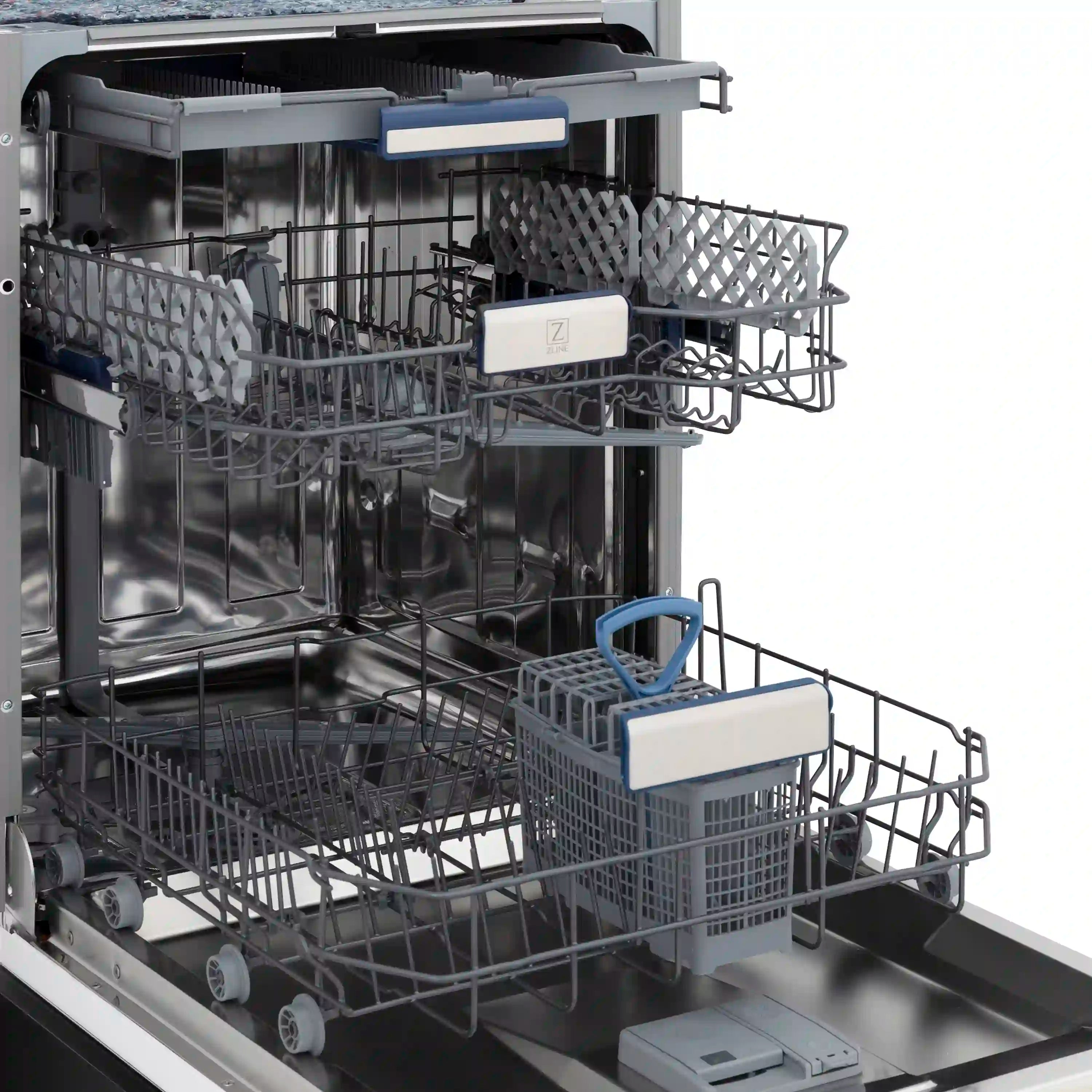 Dishwasher interior with racks, wash nozzles, and dispenser modules