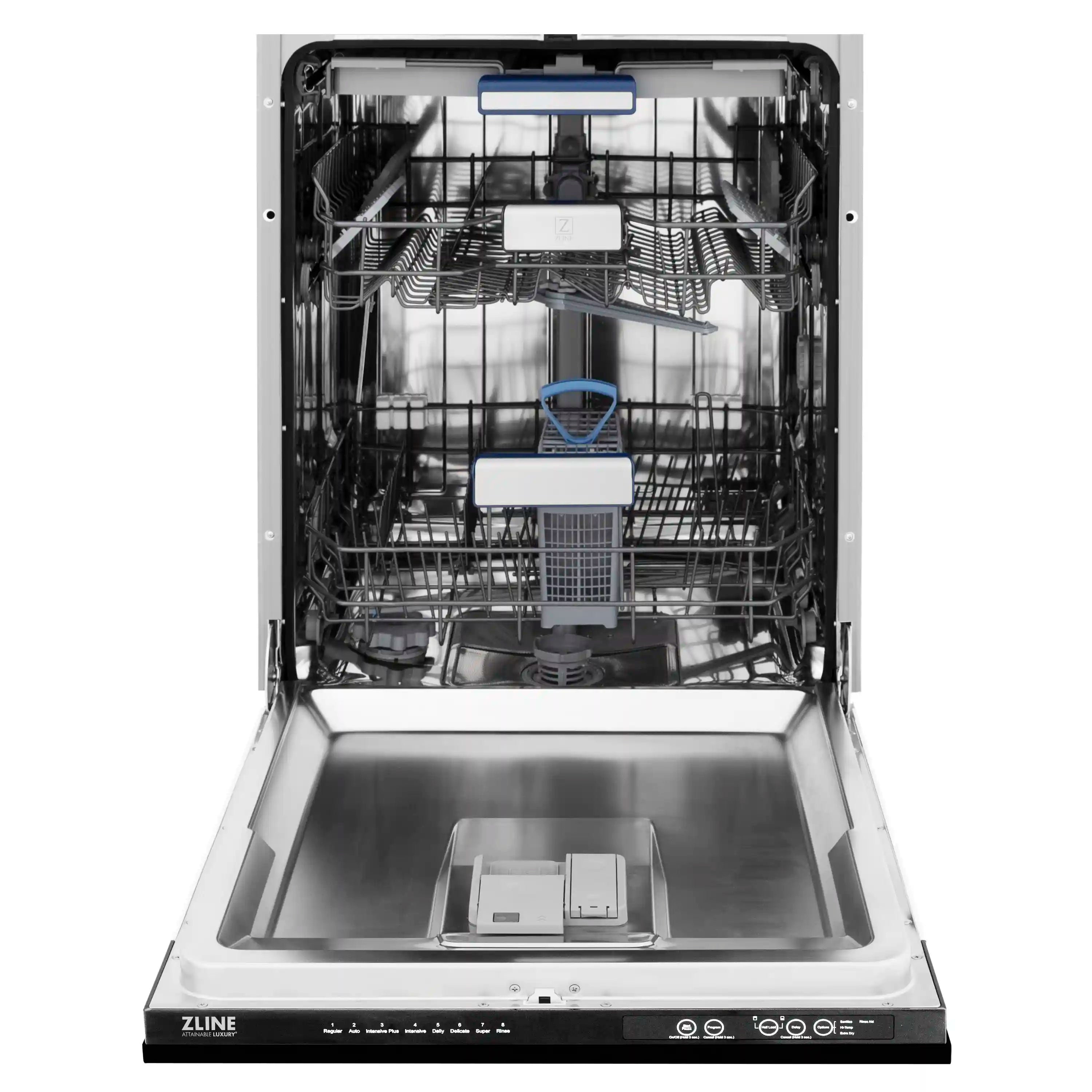 Dishwasher interior with upper rack and stainless wash tub