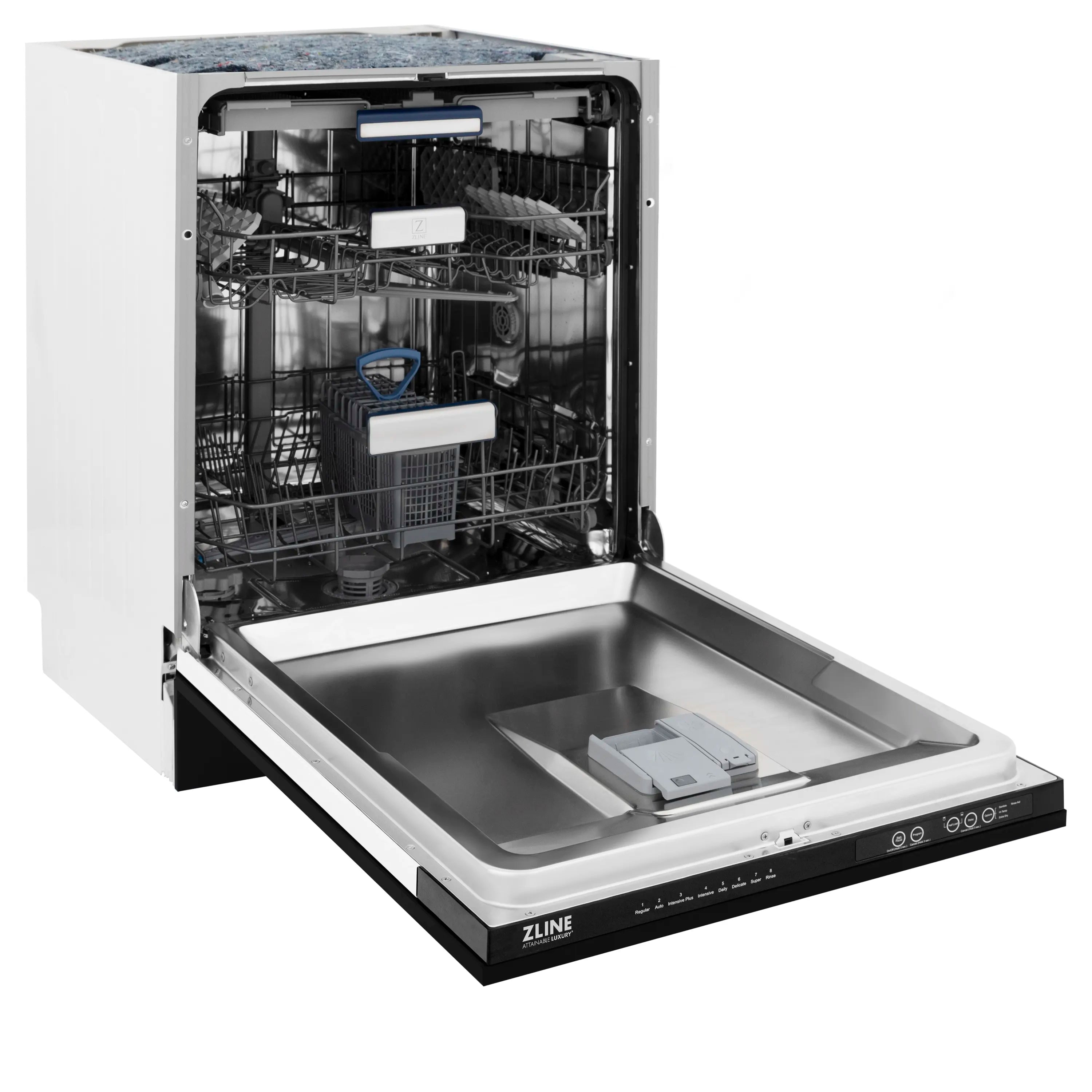 Dishwasher open with stainless wash tub and loaded racks