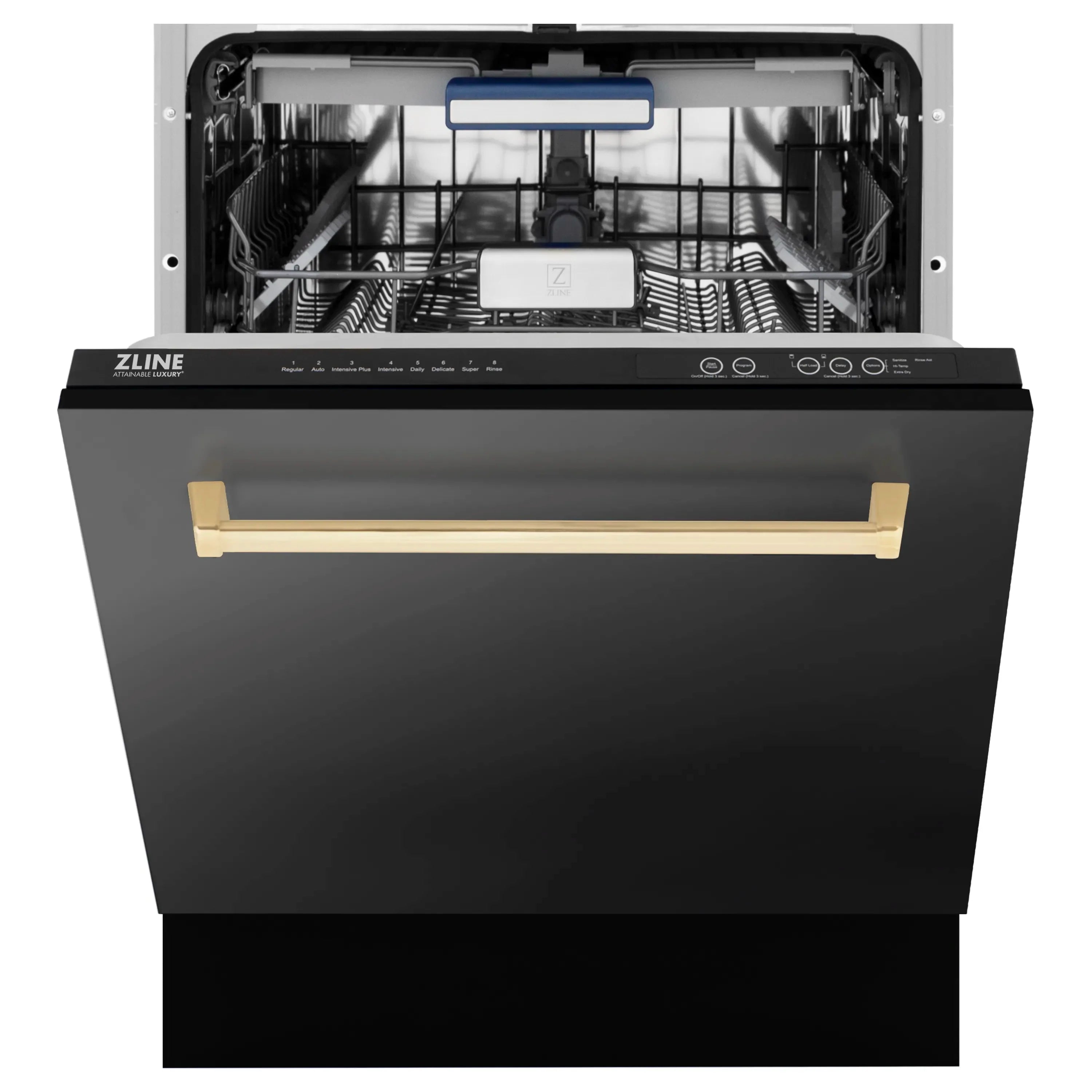 Black dishwasher front with open door and visible loading rack