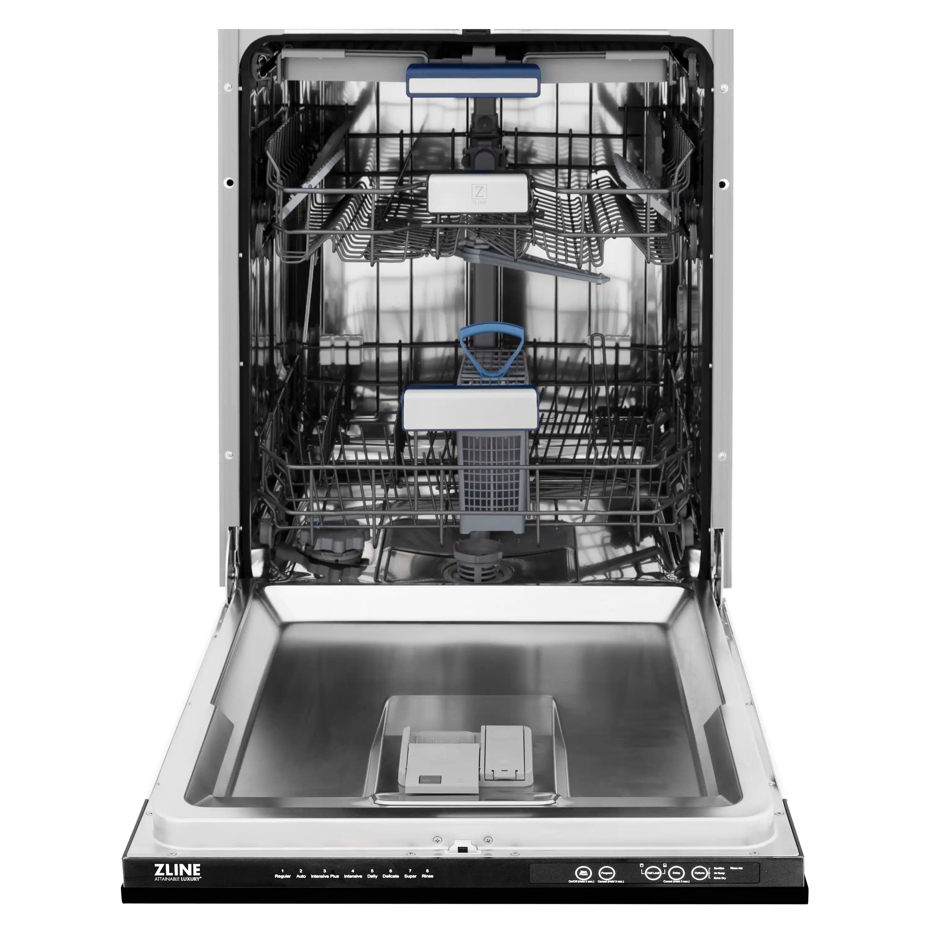 Black stainless dishwasher interior with lower tub and upper racks