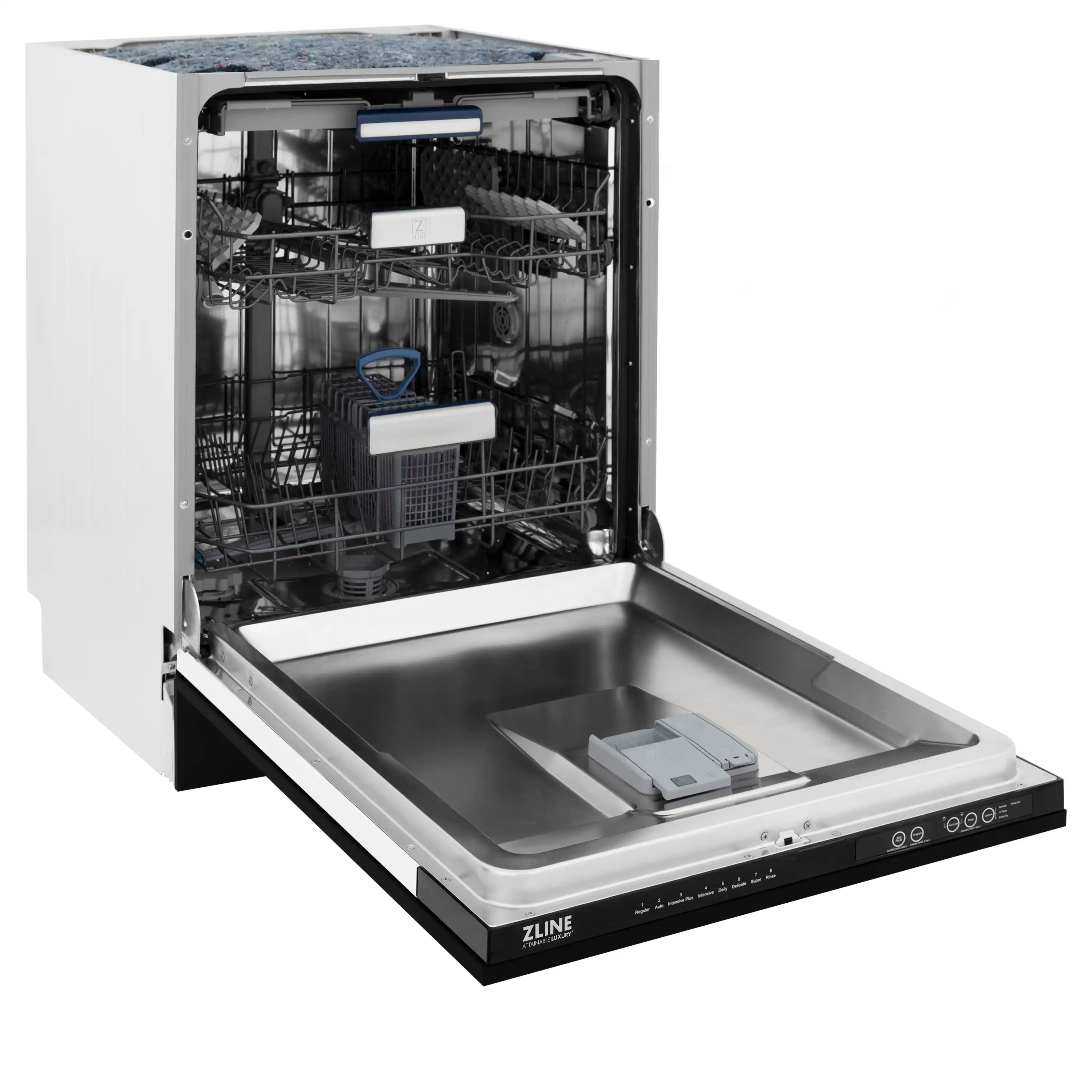 Open black stainless steel dishwasher tub with lower rack and wash area visible