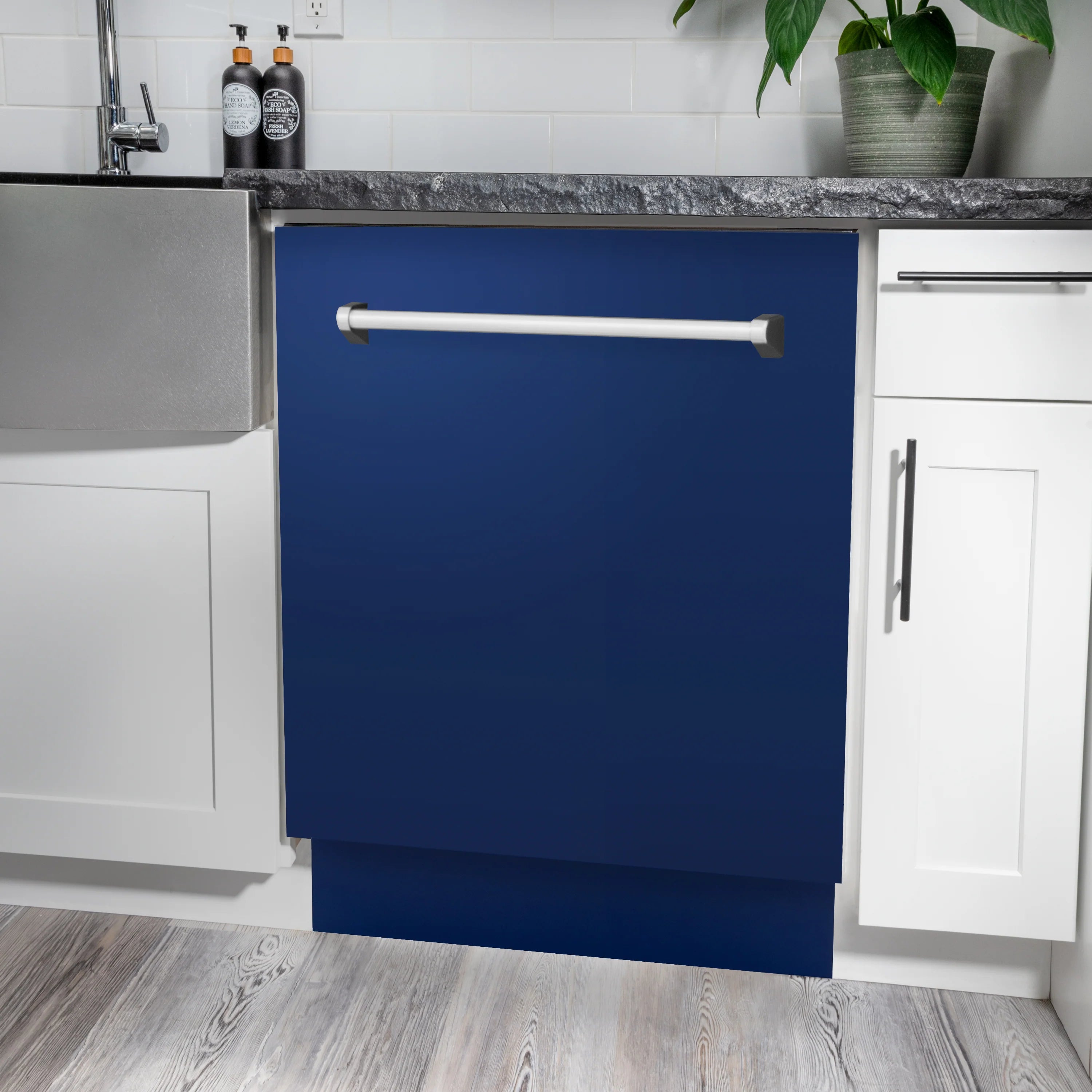 Blue built-in dishwasher front with stainless handle bar