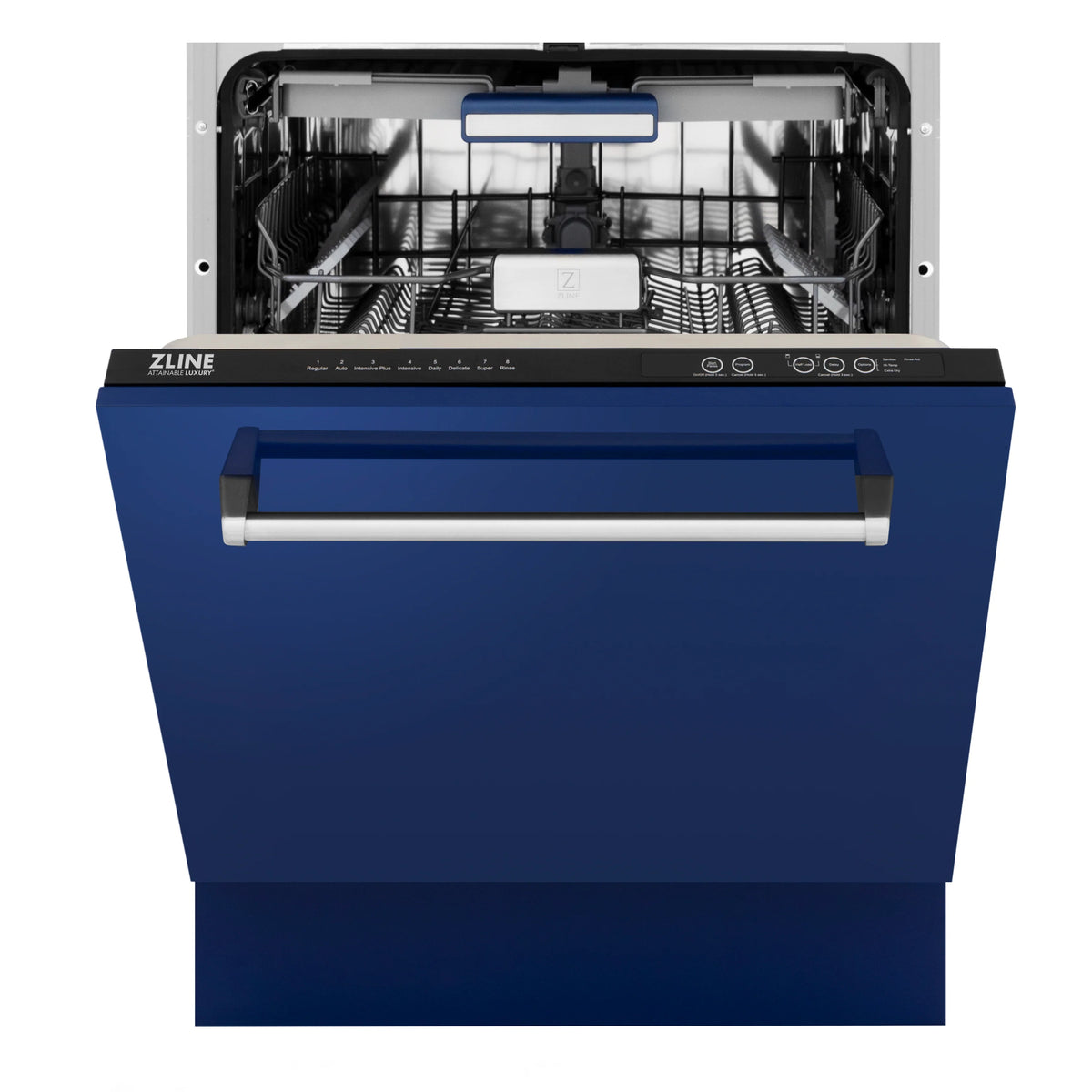 Open dishwasher door showing interior racks and blue front panel