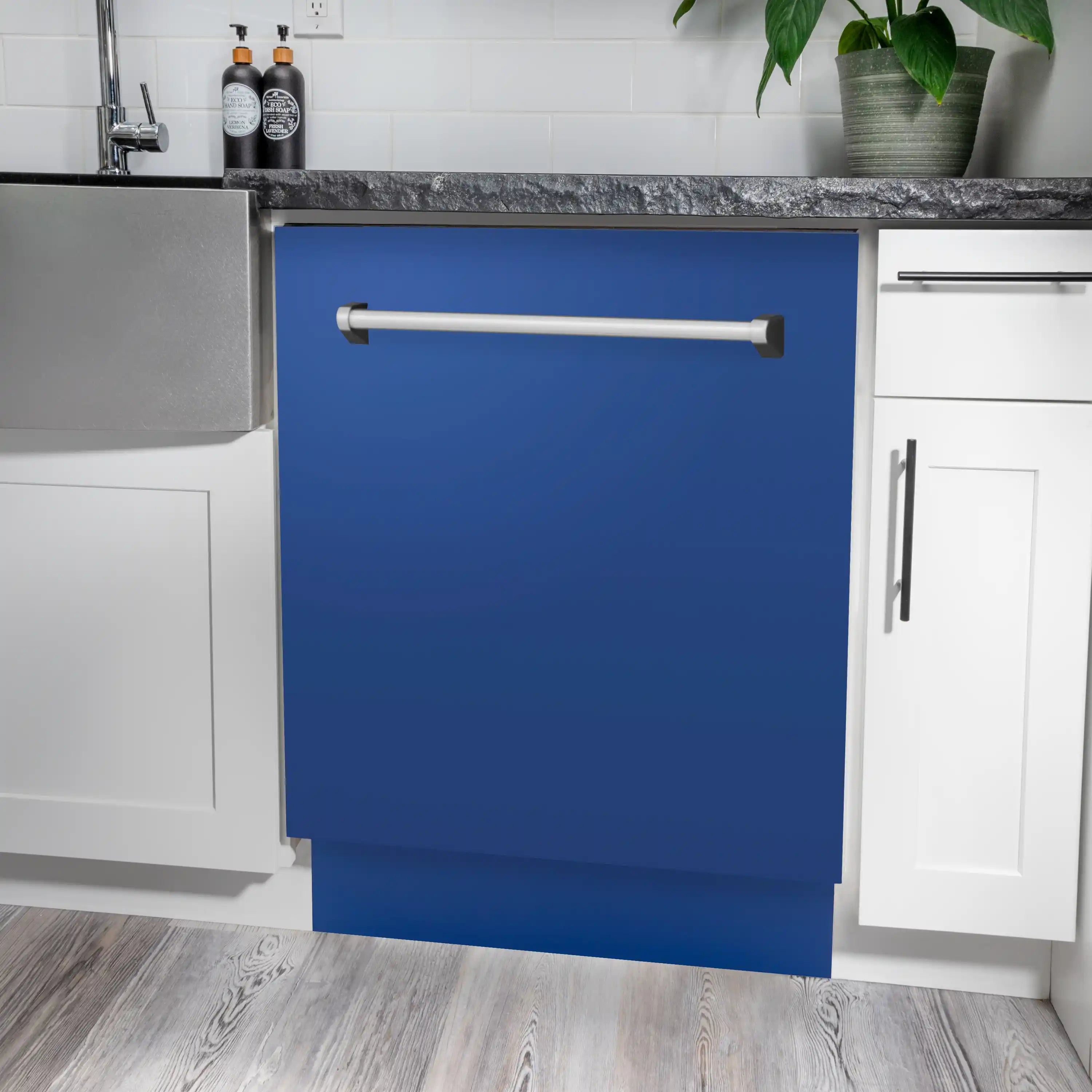 Blue matte dishwasher door with silver horizontal handle bar