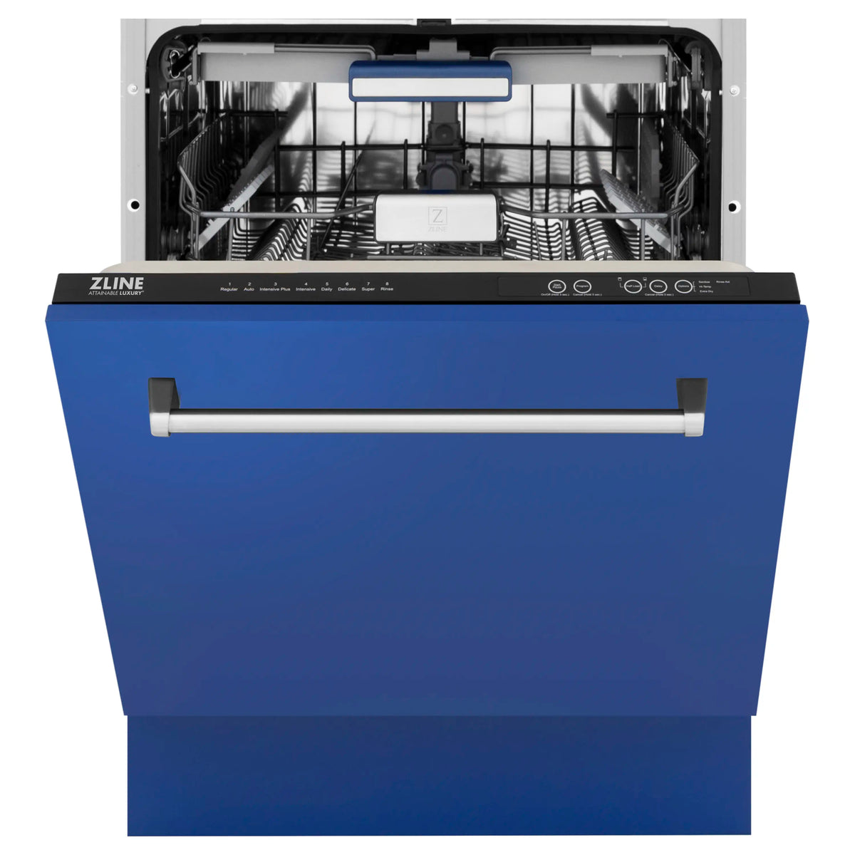 Blue matte ZLINE dishwasher with open door showing racks and controls