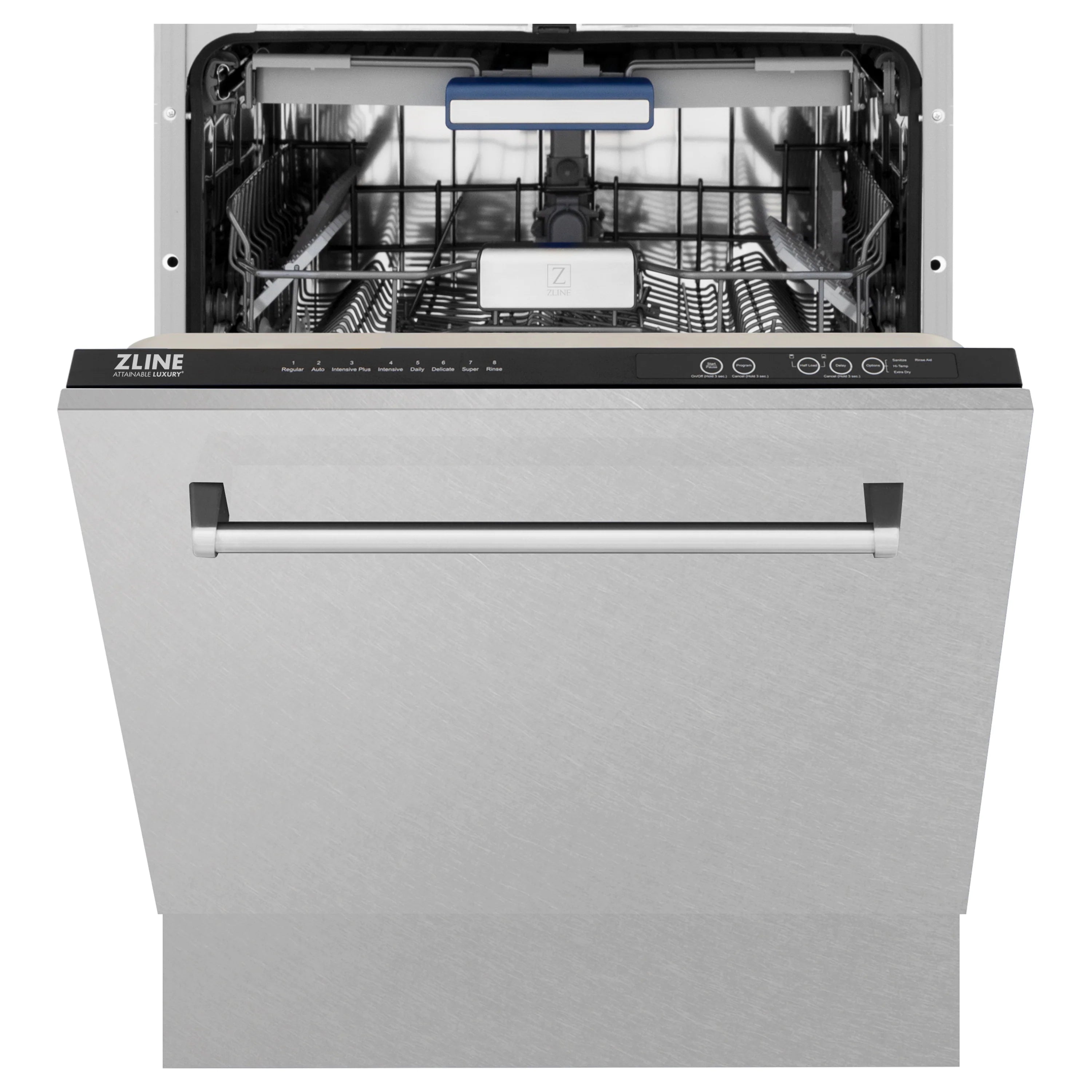 Tall tub dishwasher open, stainless steel racks and tub with top control panel