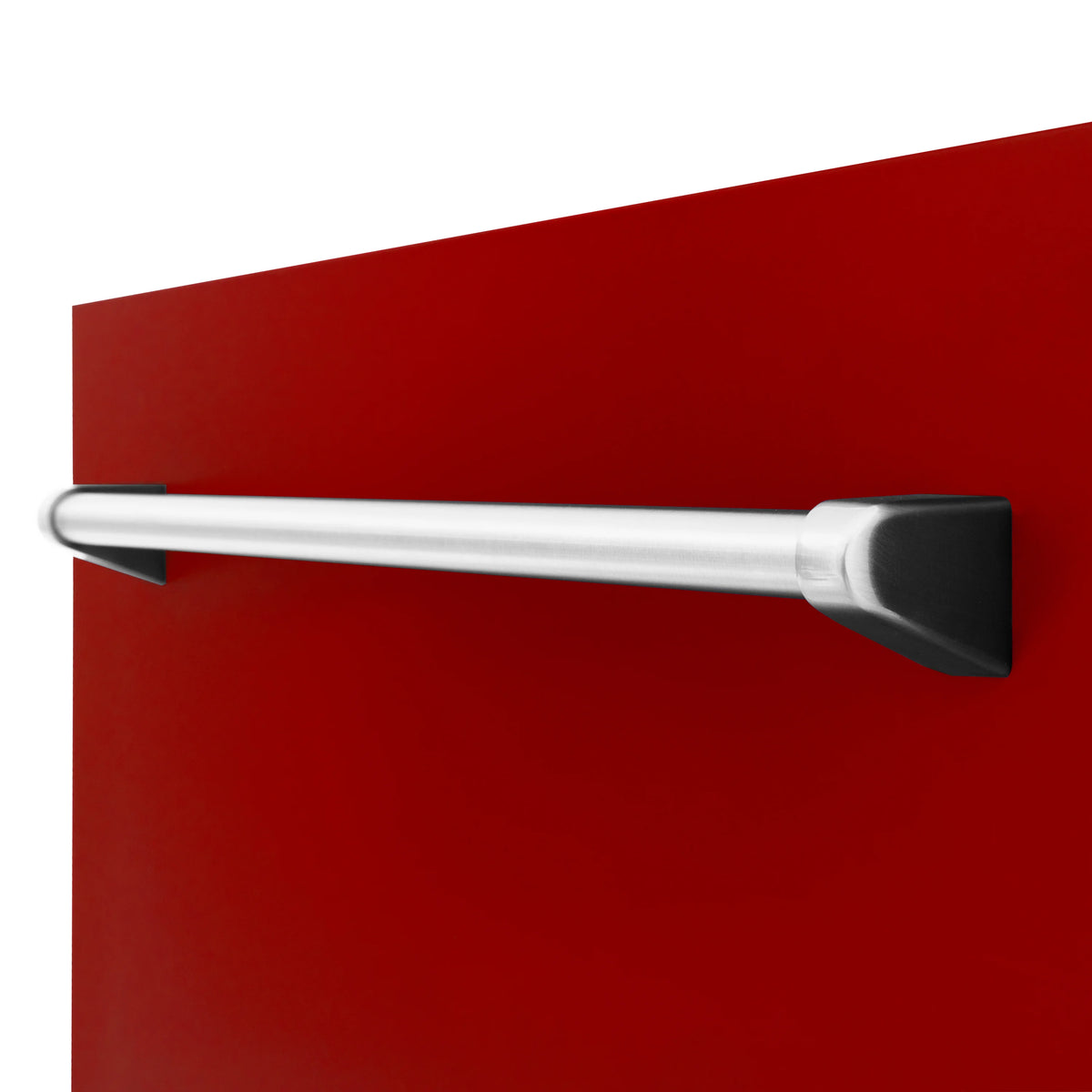 Stainless steel dishwasher handle on red glossy door panel