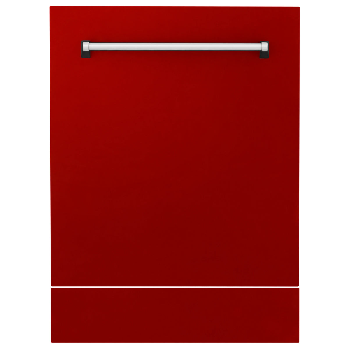 Red gloss dishwasher door panel with stainless handle bar