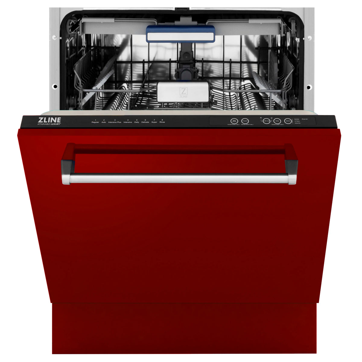Tall red gloss dishwasher with open door, visible upper rack and control panel
