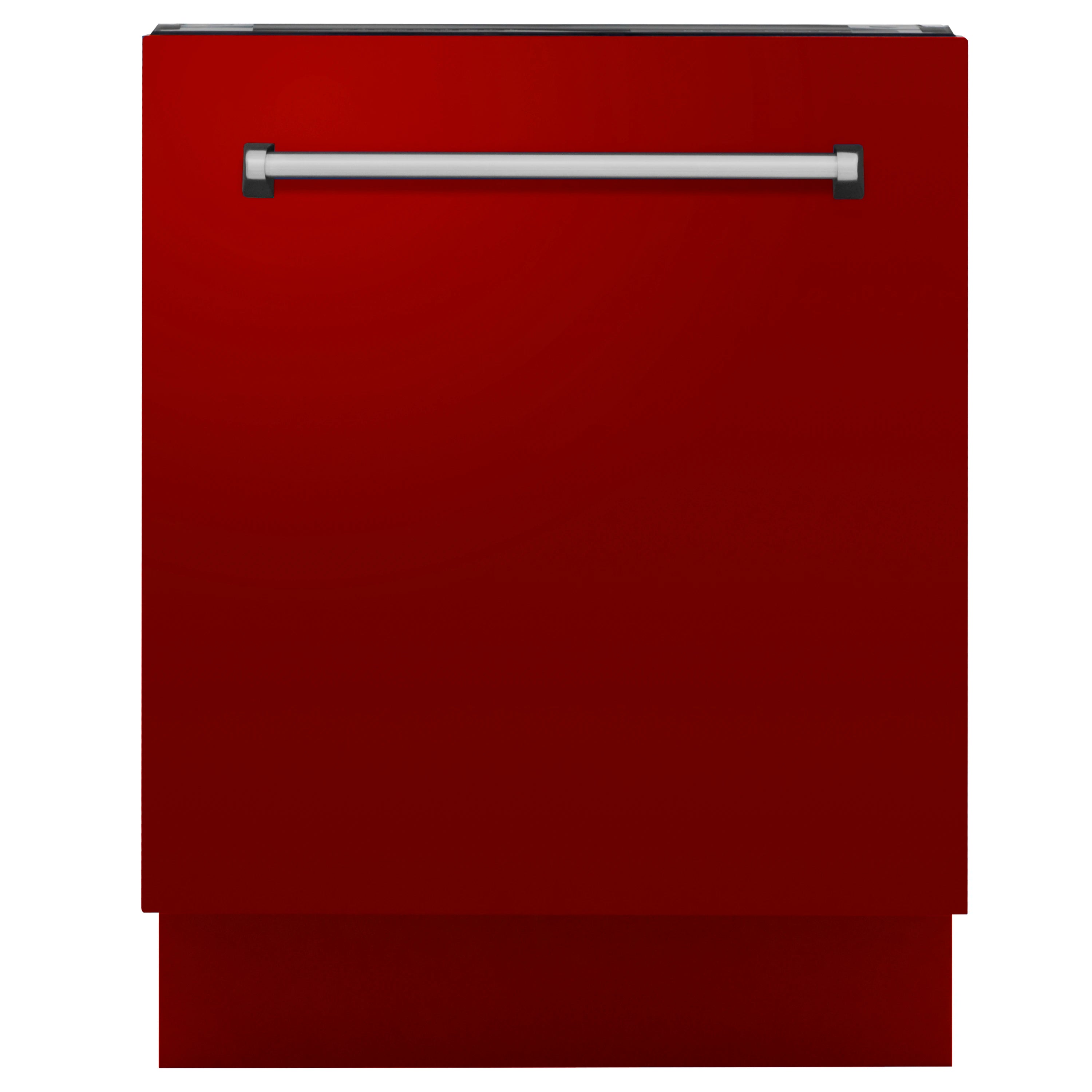 Red glossy dishwasher front with stainless steel handle