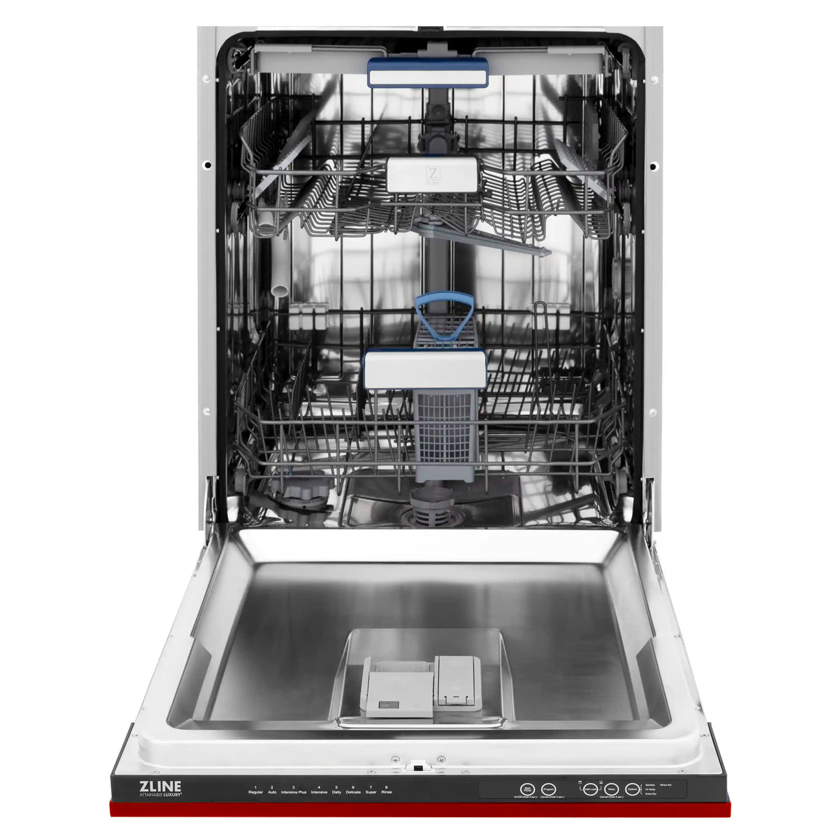 Dishwasher interior with racks and stainless steel tub, door open