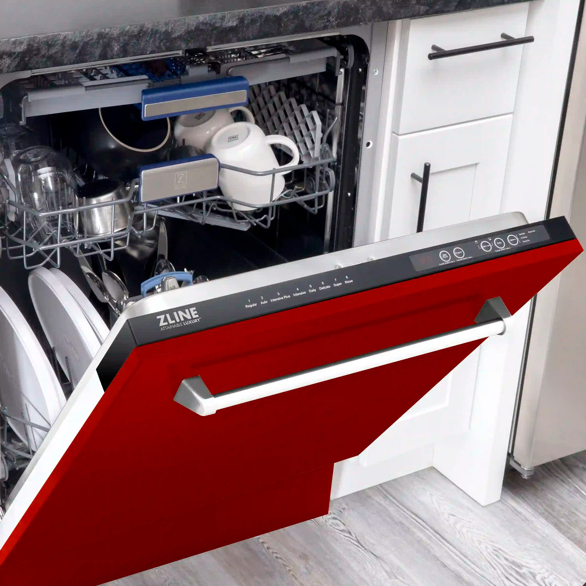 Dishwasher open door showing control panel and interior racks