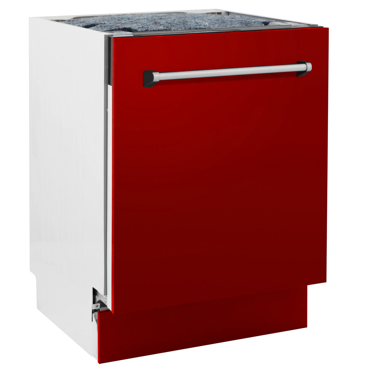 Red glossy dishwasher with stainless steel handle, front view