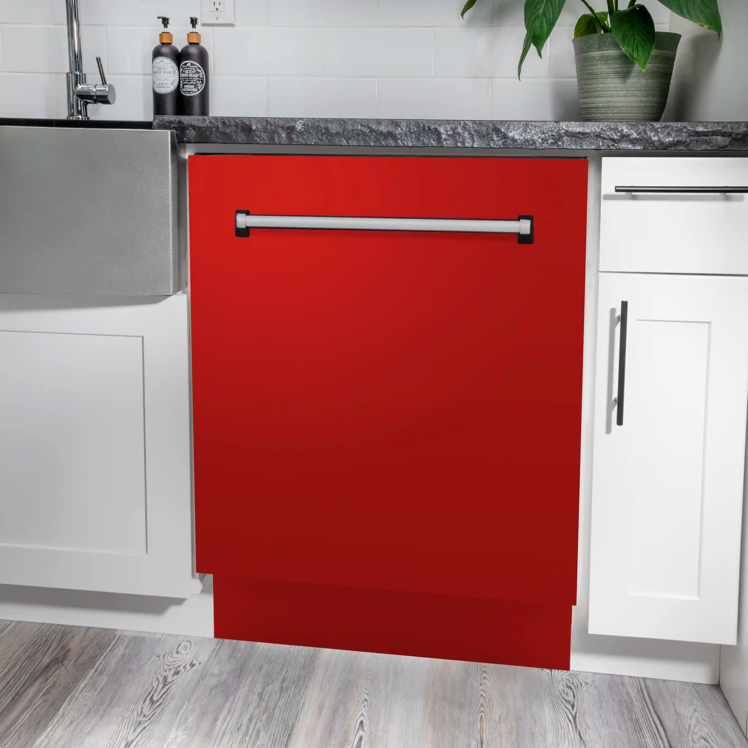 Red matte dishwasher with front panel and top handle, built-in under counter
