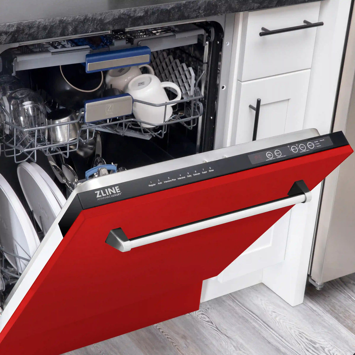 Red matte ZLINE dishwasher interior with racks and stainless steel bottom