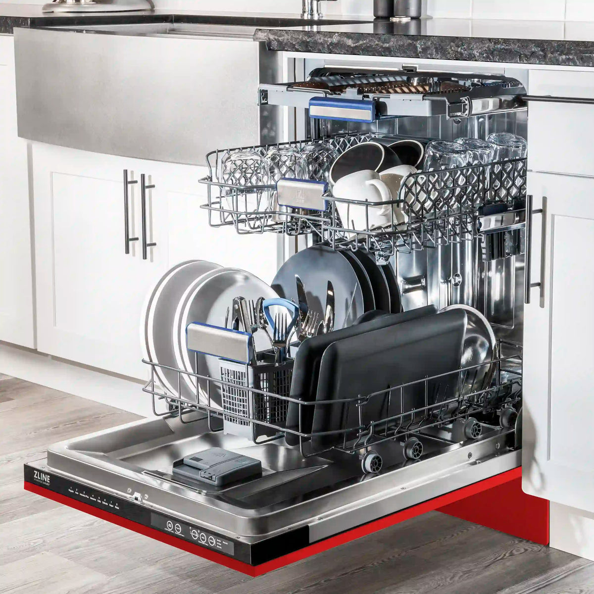 Built-in red matte ZLINE dishwasher open with stainless tub and upper rack