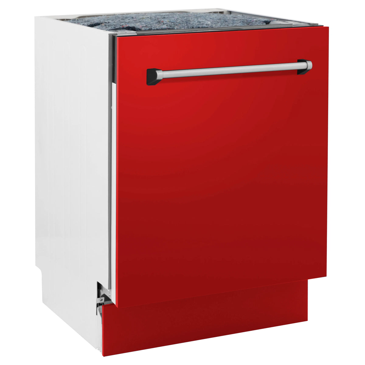 Red matte dishwasher front with chrome handle bar and control panel