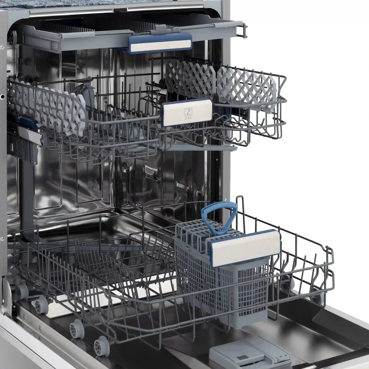 ZLINE dishwasher interior with loaded racks and spray arms