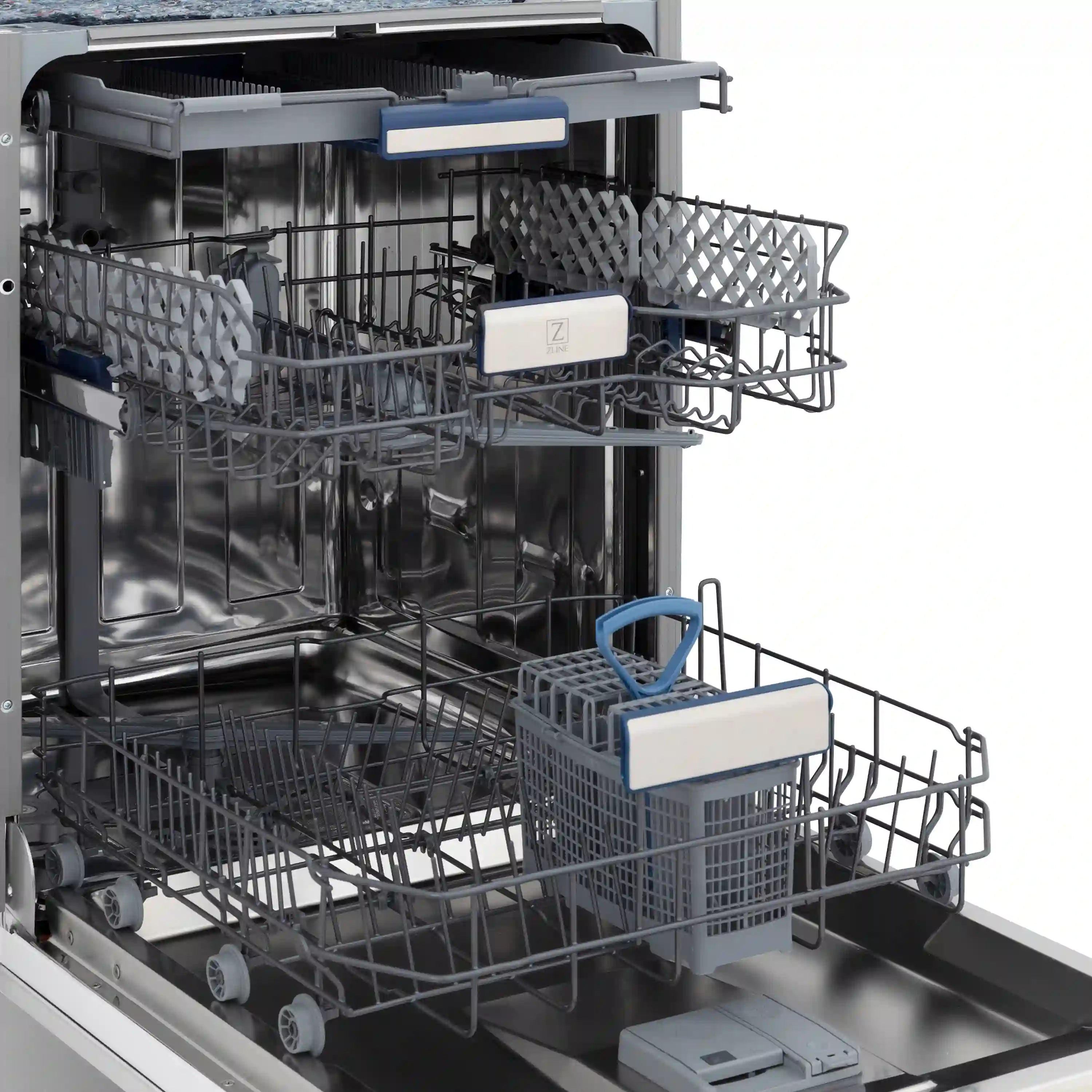 Dishwasher interior with two racks, blue utensil clips, and dishware