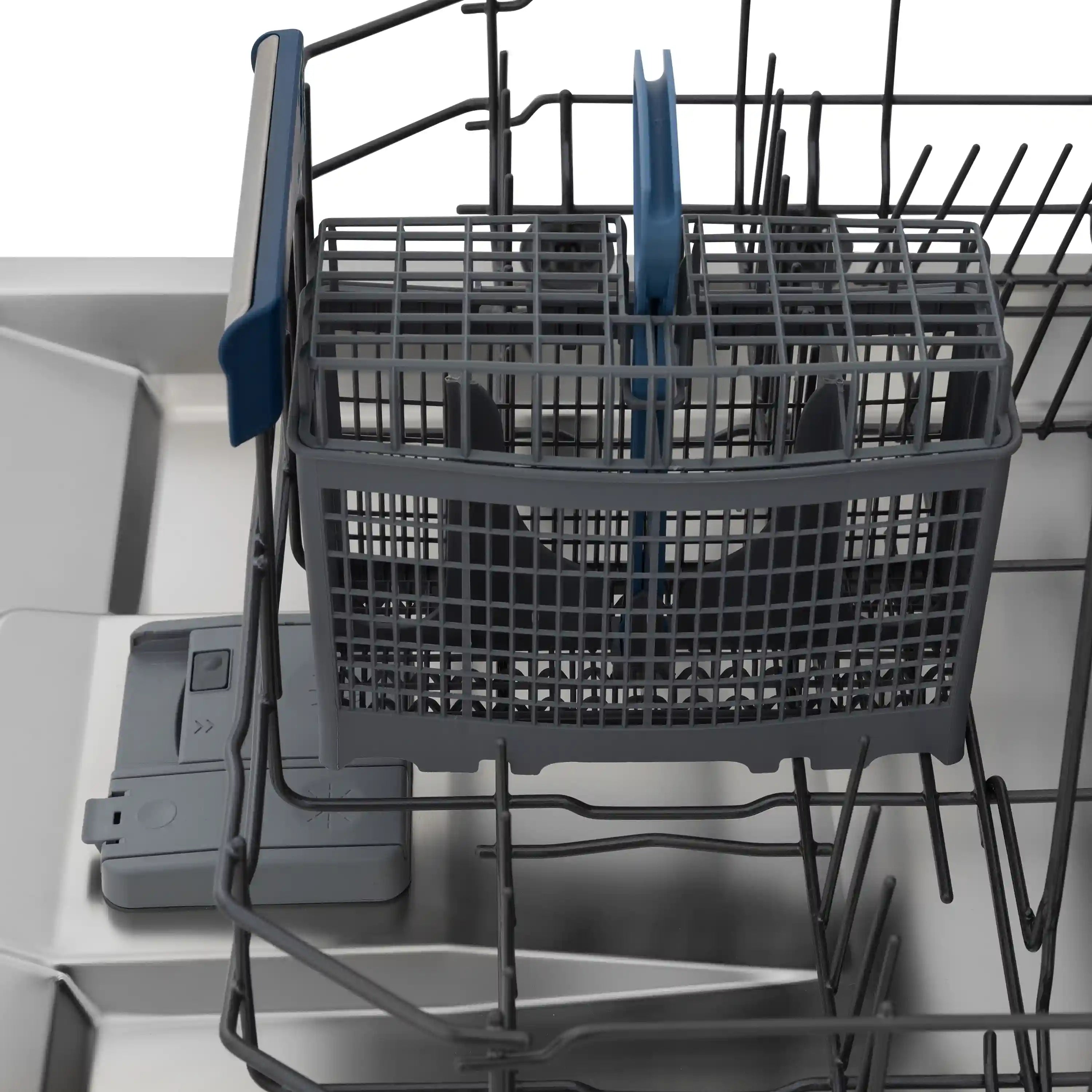 Dishwasher lower rack with wire basket and blue fold-down cup holders