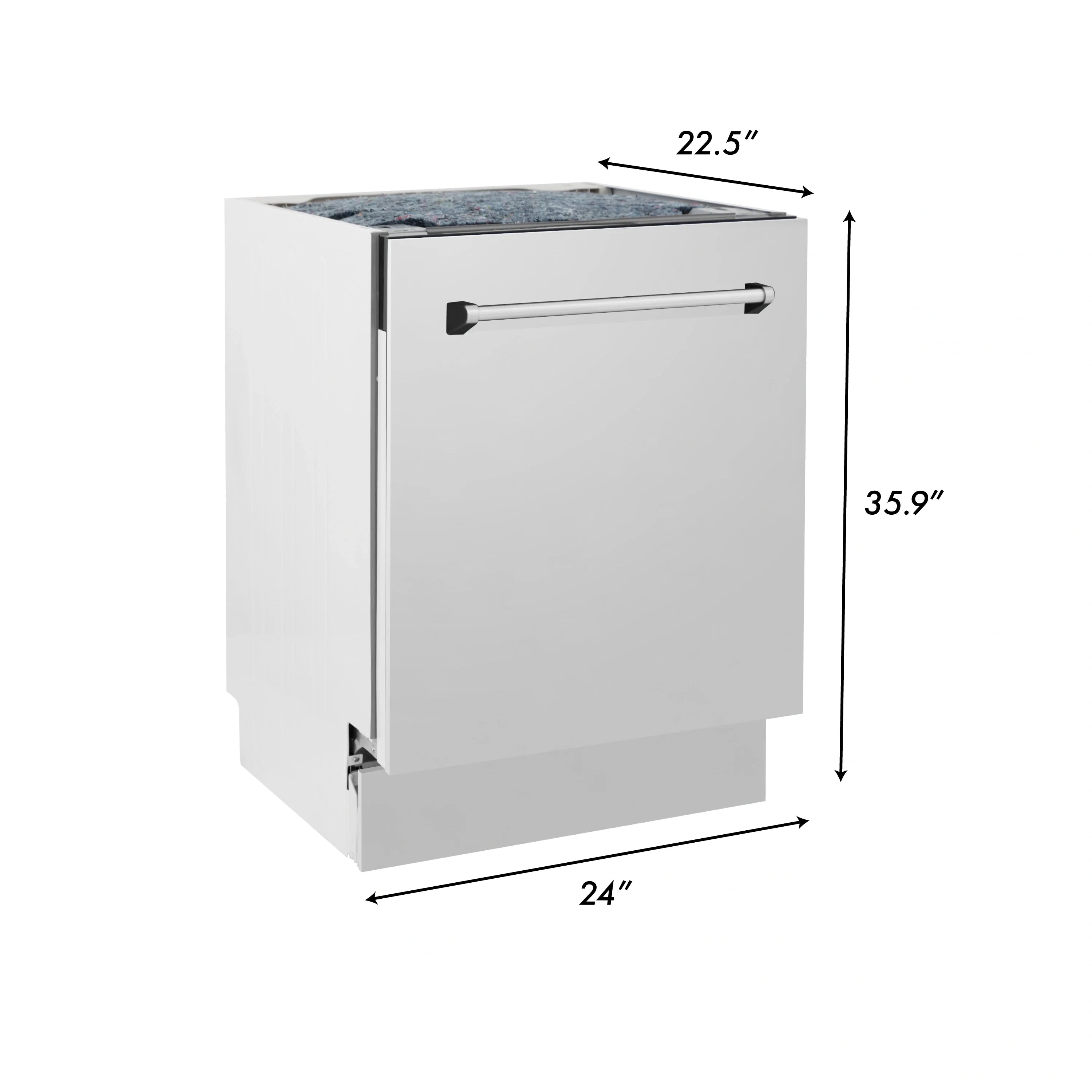 Built-in dishwasher with front handle, open top, and height and width dimensions