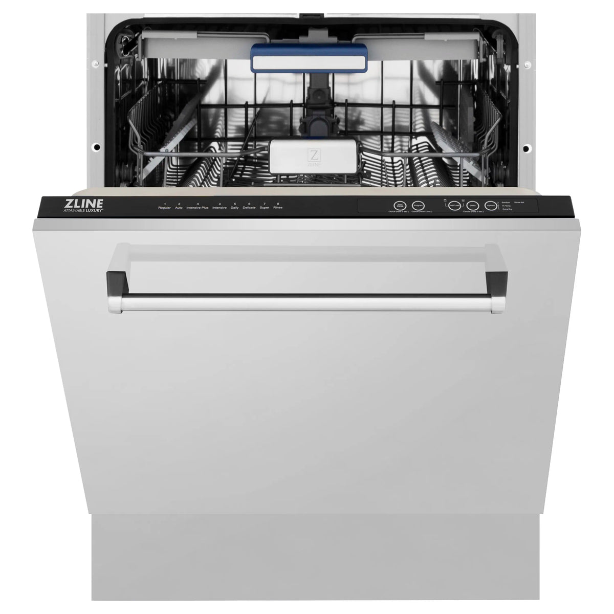 ZLINE dishwasher interior view with top rack and control panel, door open