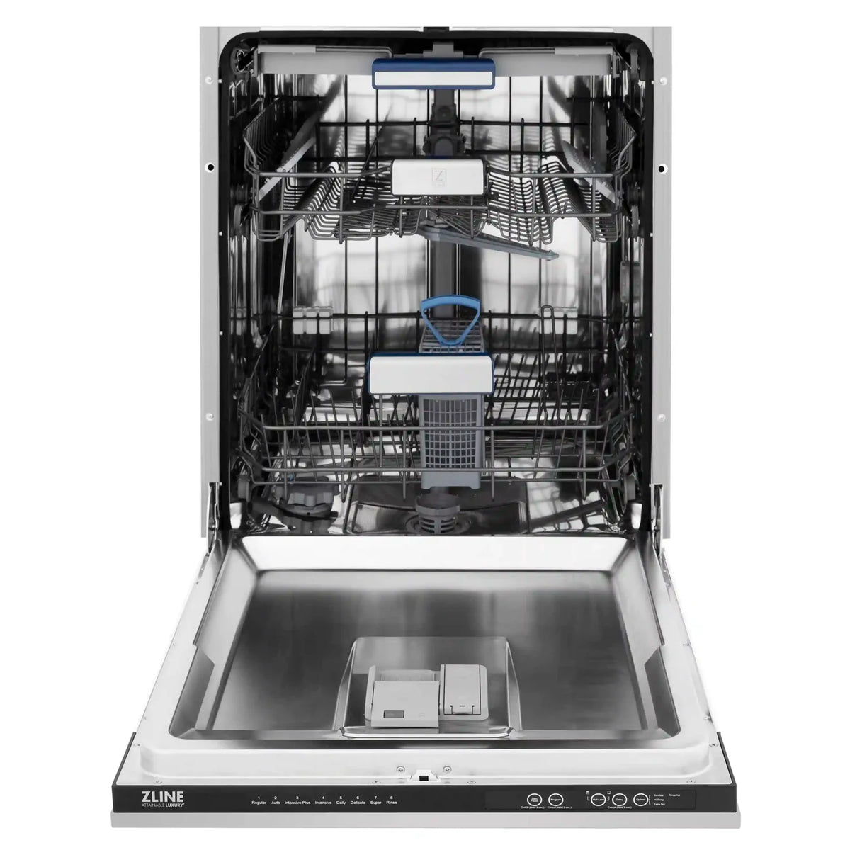Dishwasher interior with middle and lower racks, spray arm, and control bar