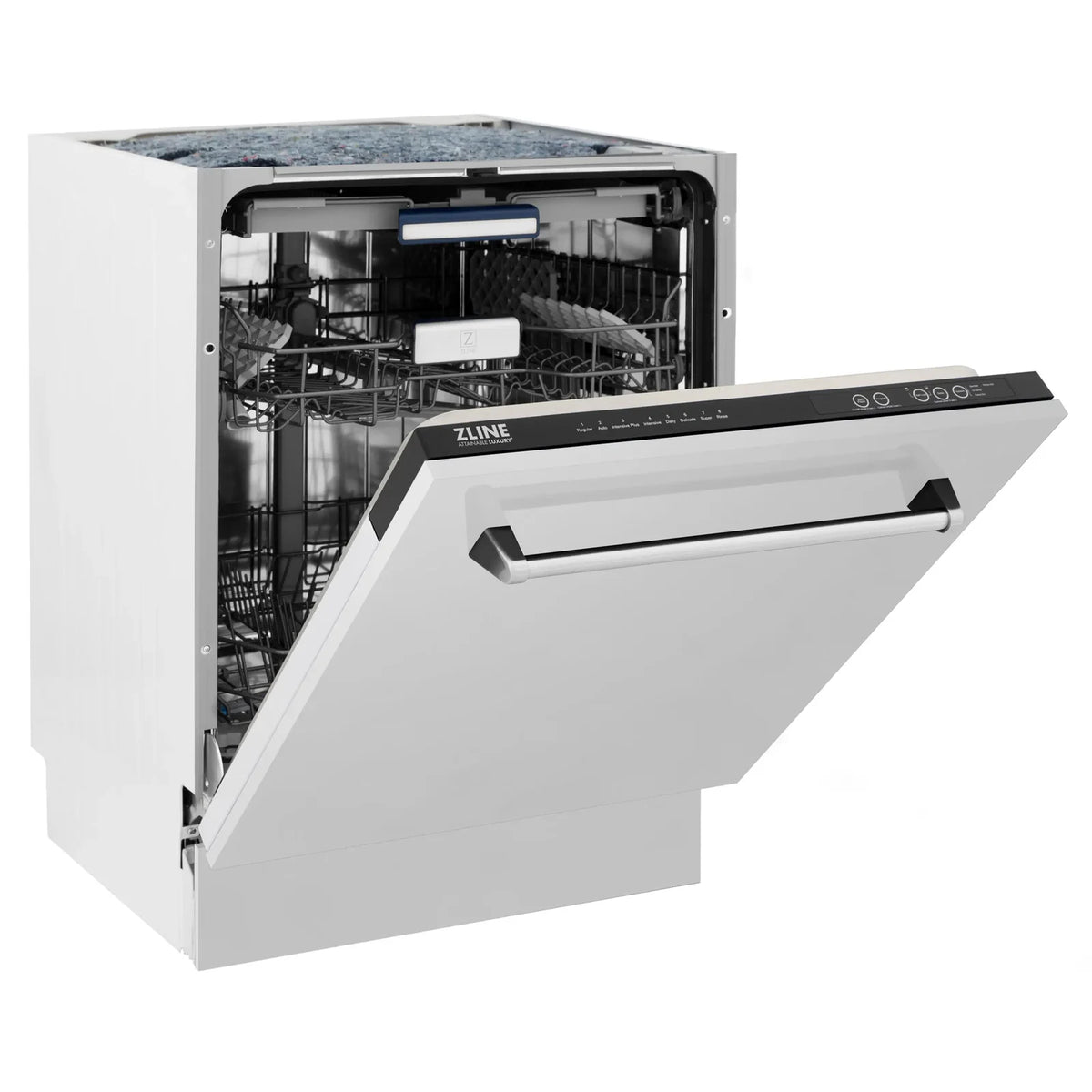 Open-door dishwasher with racks inside and angled view of front handle