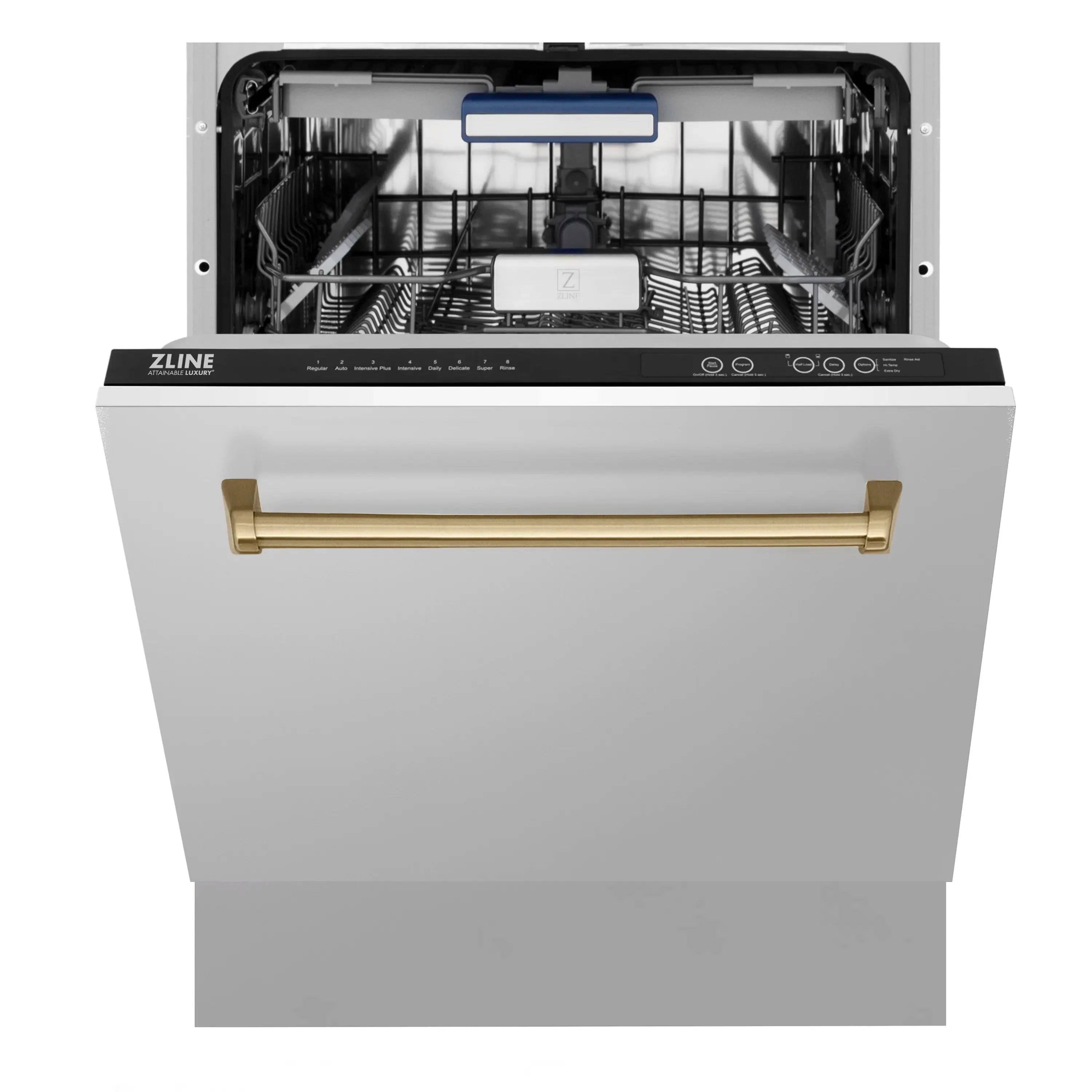 Built-in dishwasher with champagne bronze front handle and stainless control panel