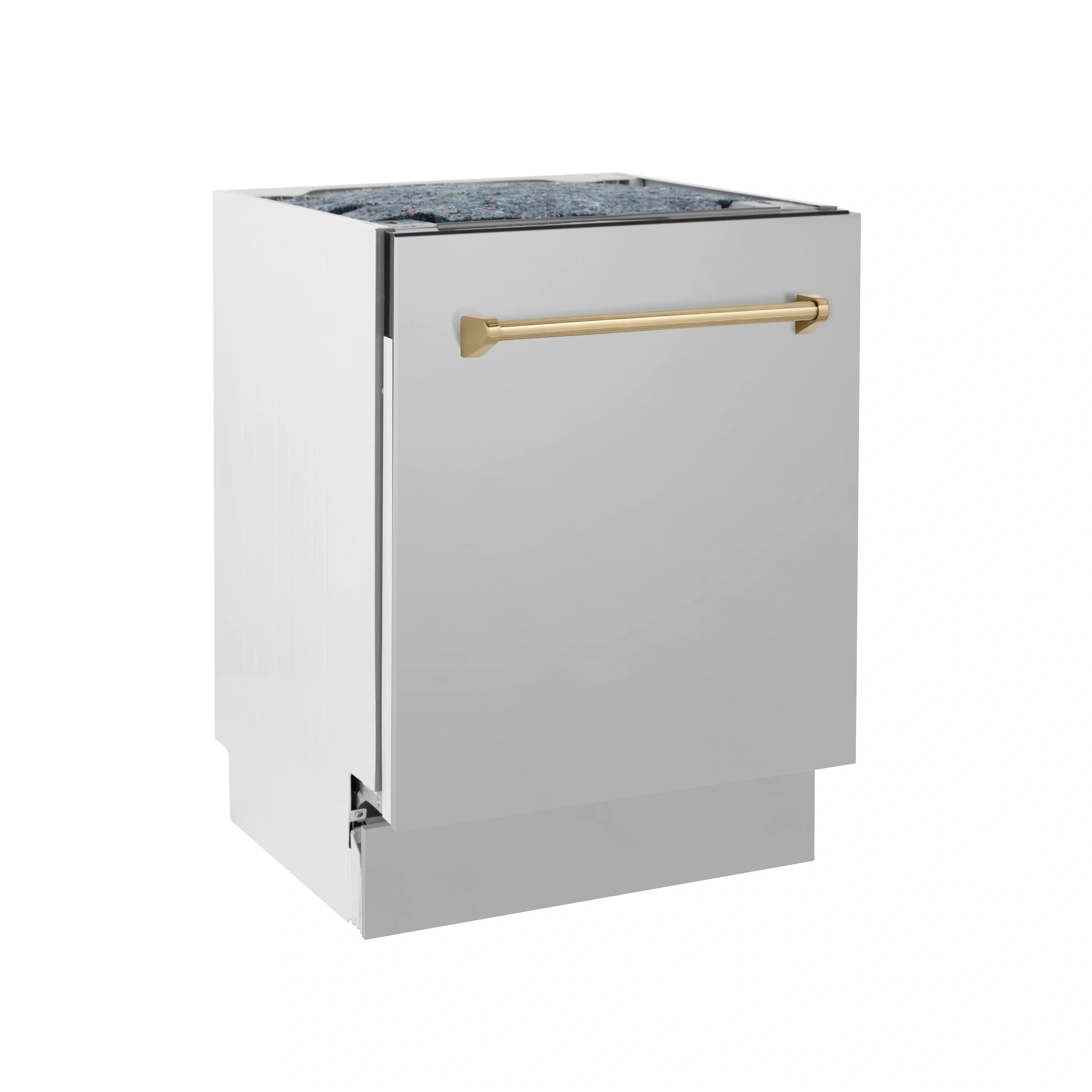 Built-in dishwasher with white door and champagne bronze handle