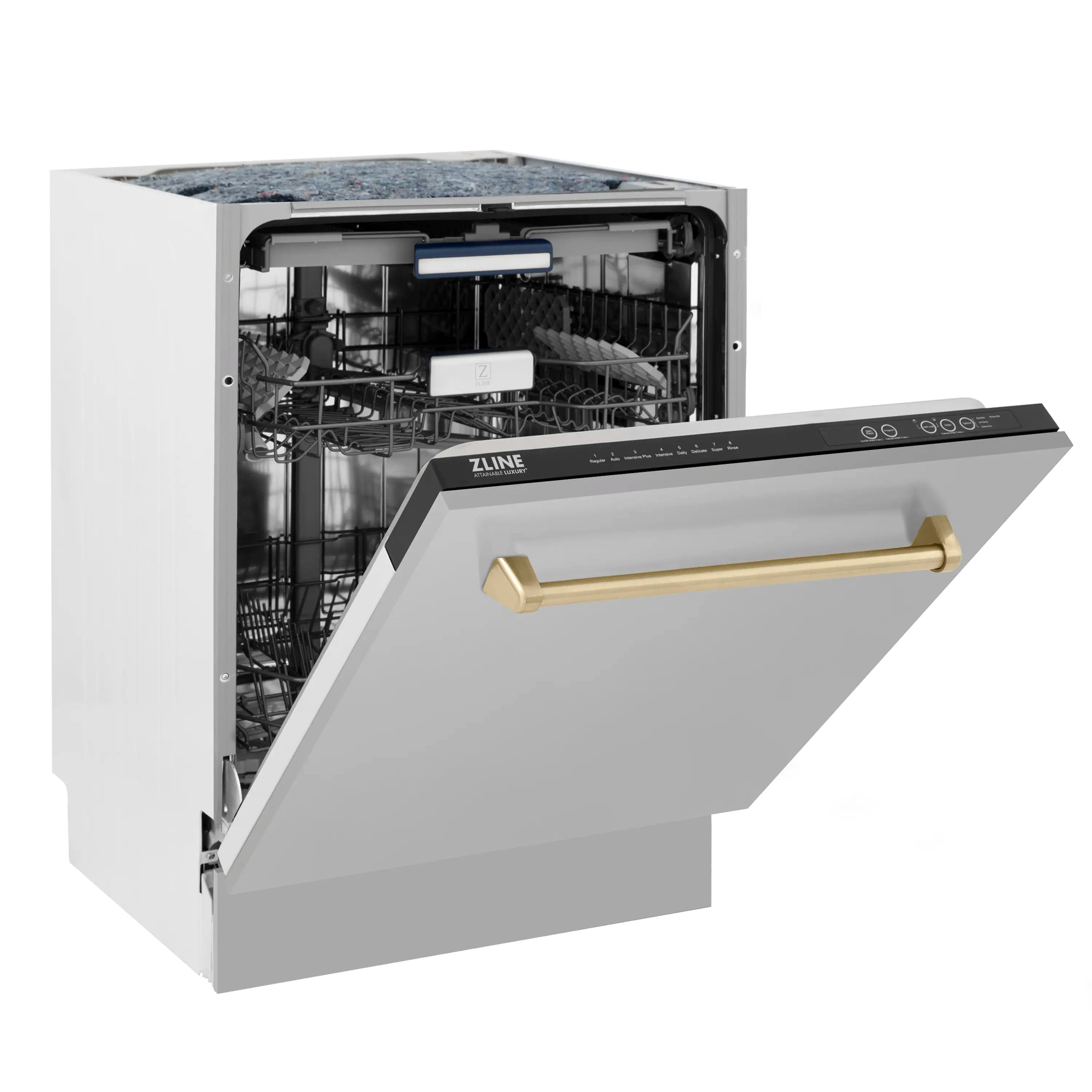 Open built-in dishwasher showing interior racks and champagne bronze handle