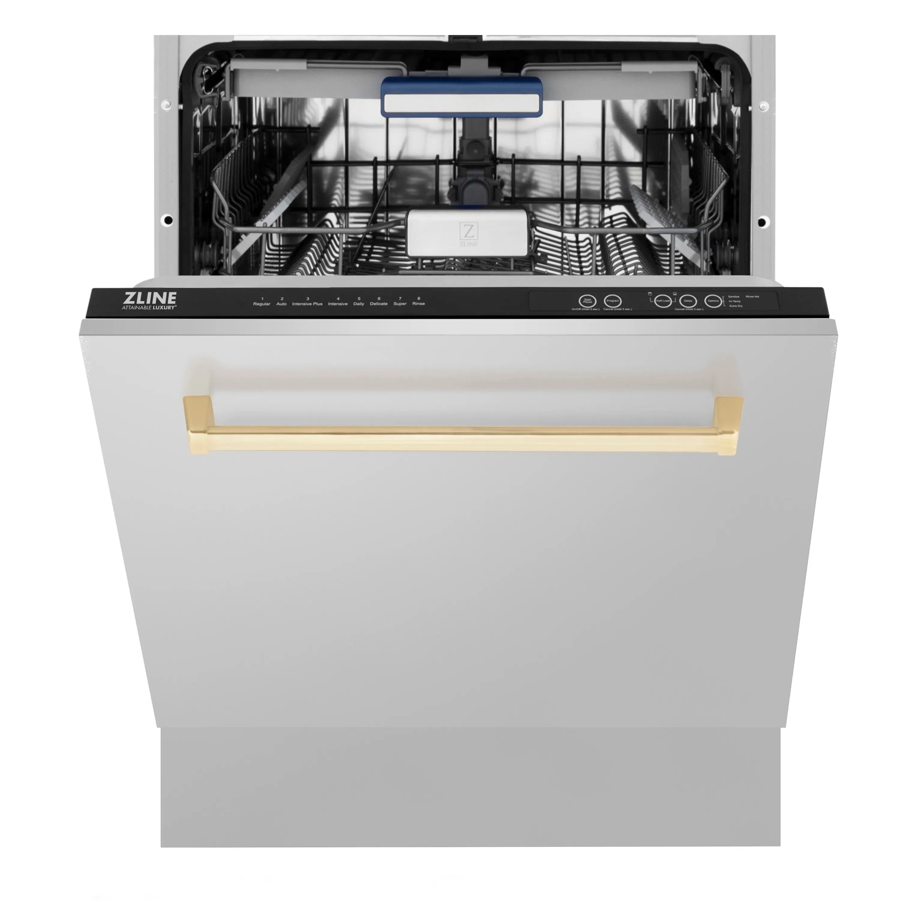 Dishwasher with open door showing racks and gold bar handle