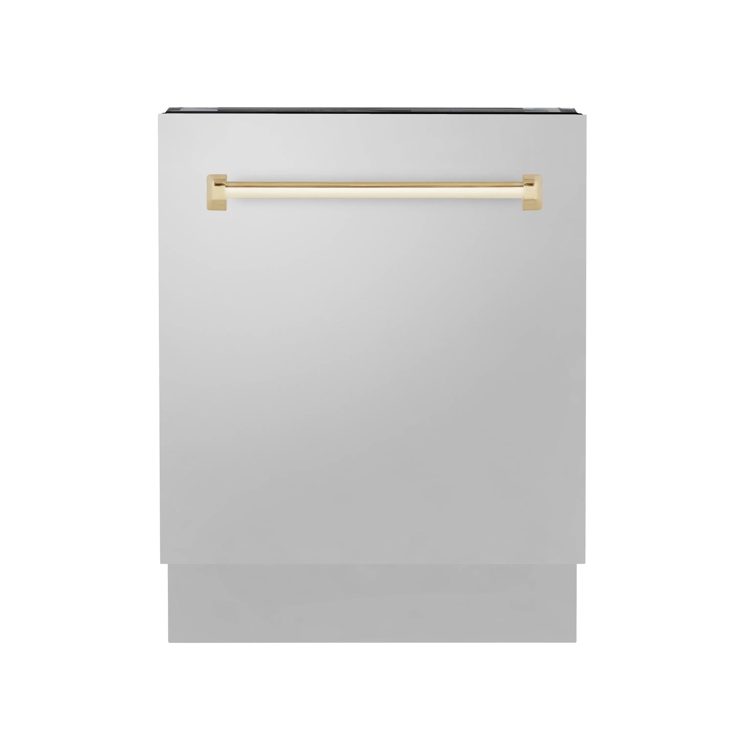 Undercounter appliance with gold handle bar on white front panel