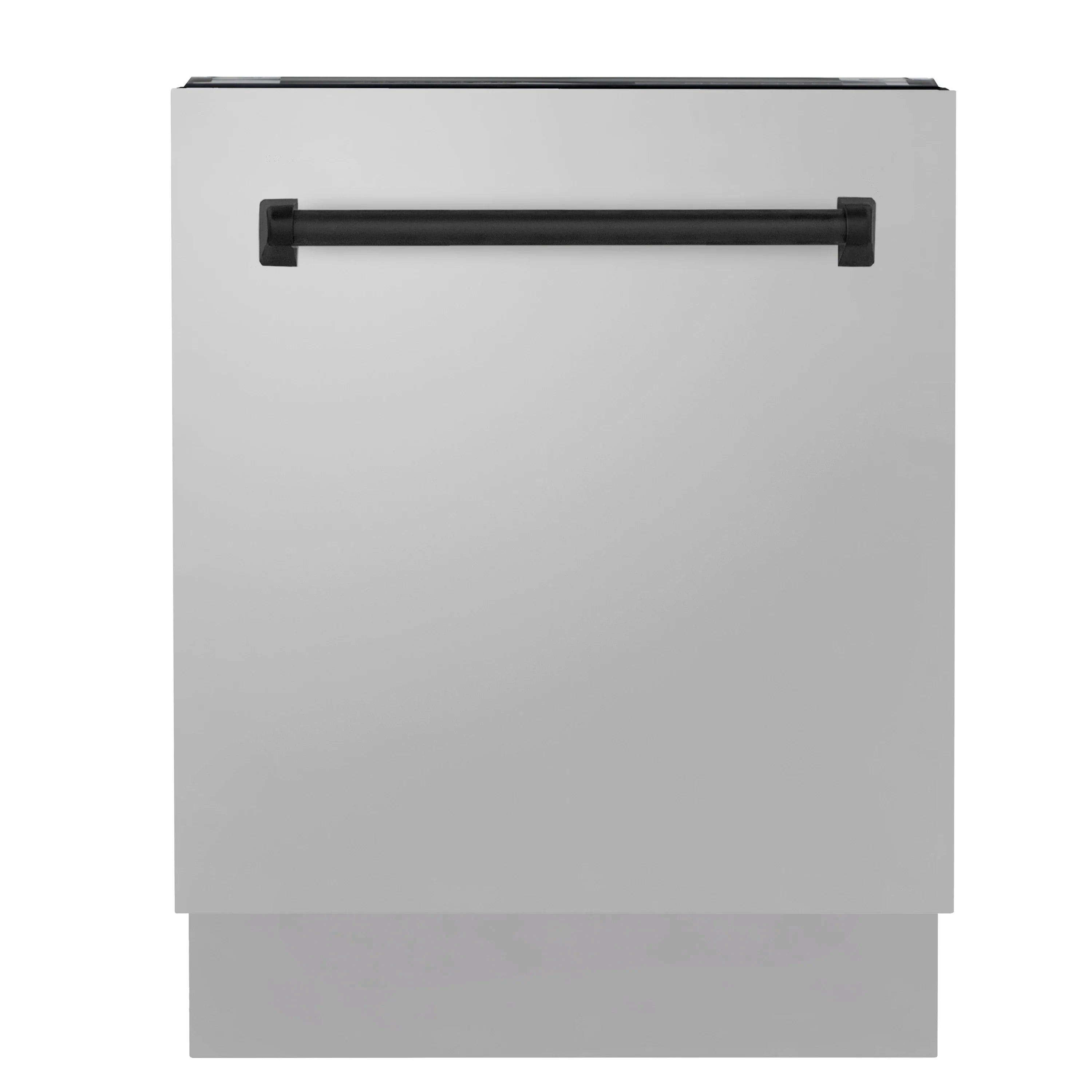 Dishwasher front with matte black handle and gray panel