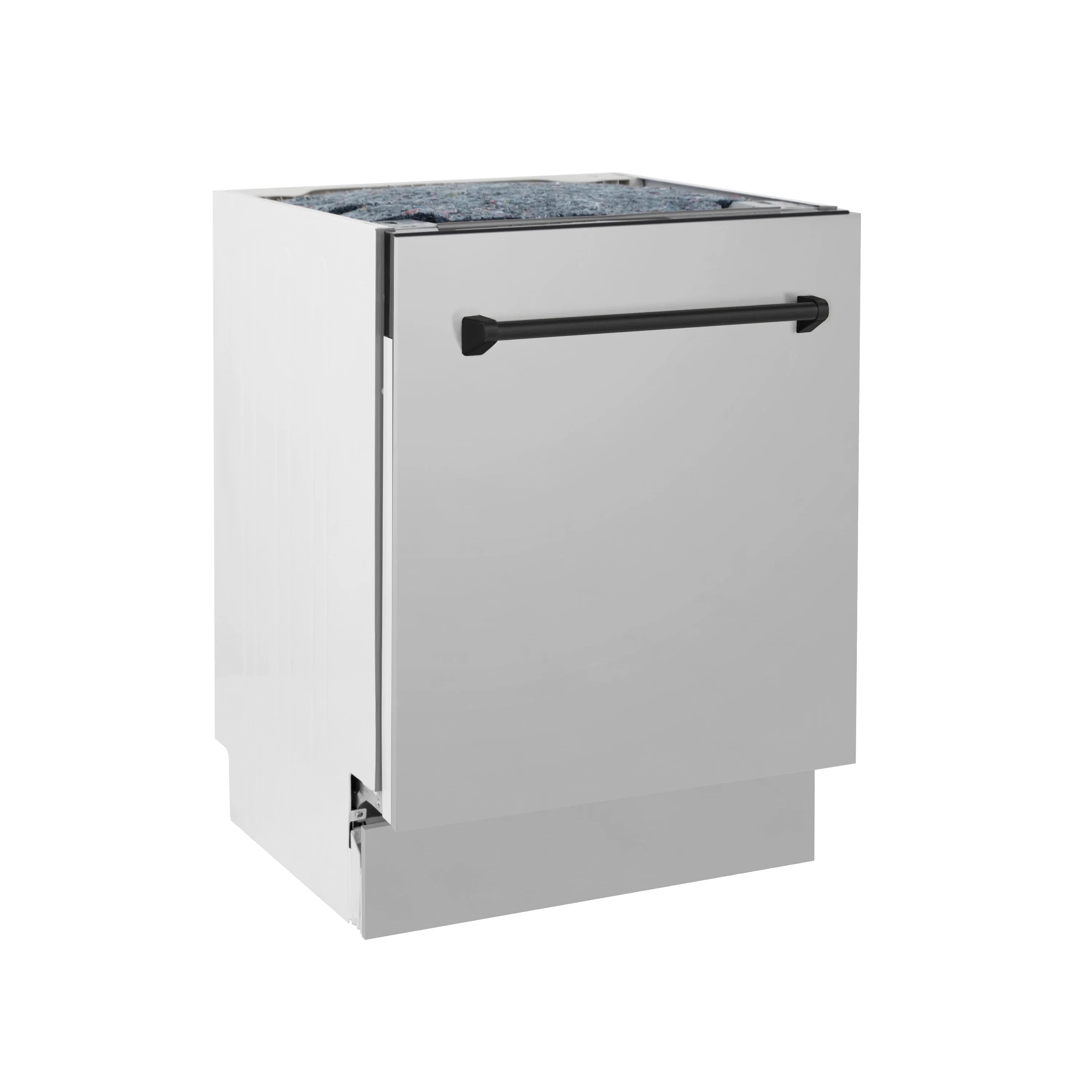 Built-in dishwasher with door open showing top wash area and matte black handle