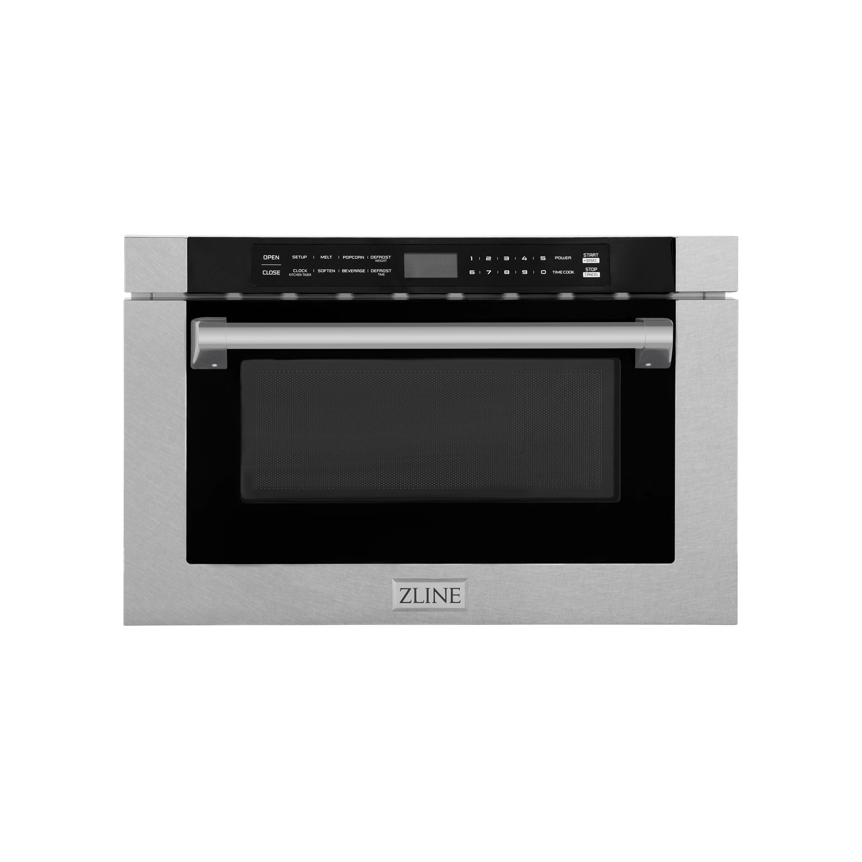 Front view of microwave drawer with black display panel and dark glass door