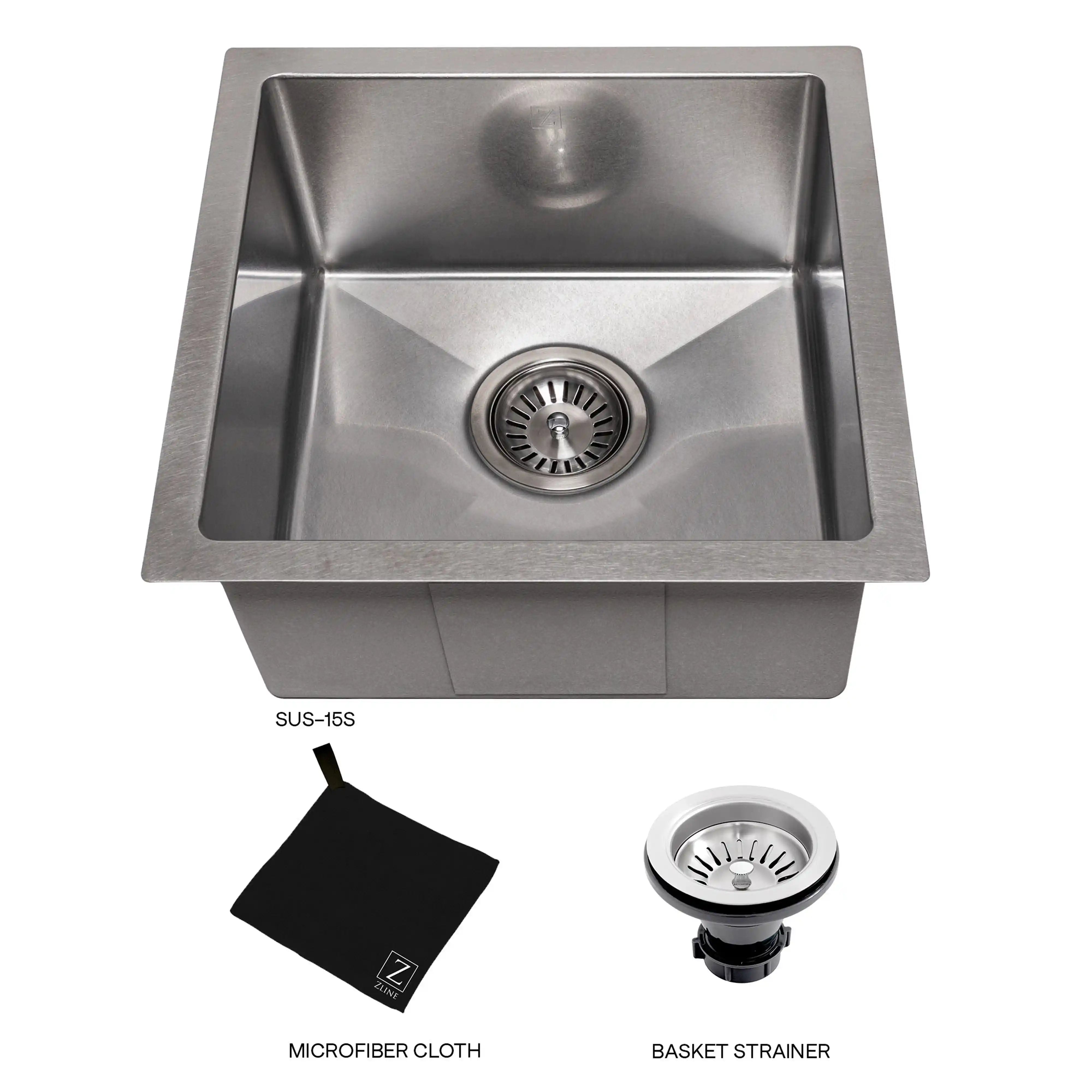 Stainless steel single-bowl sink with basket strainer and microfiber cloth