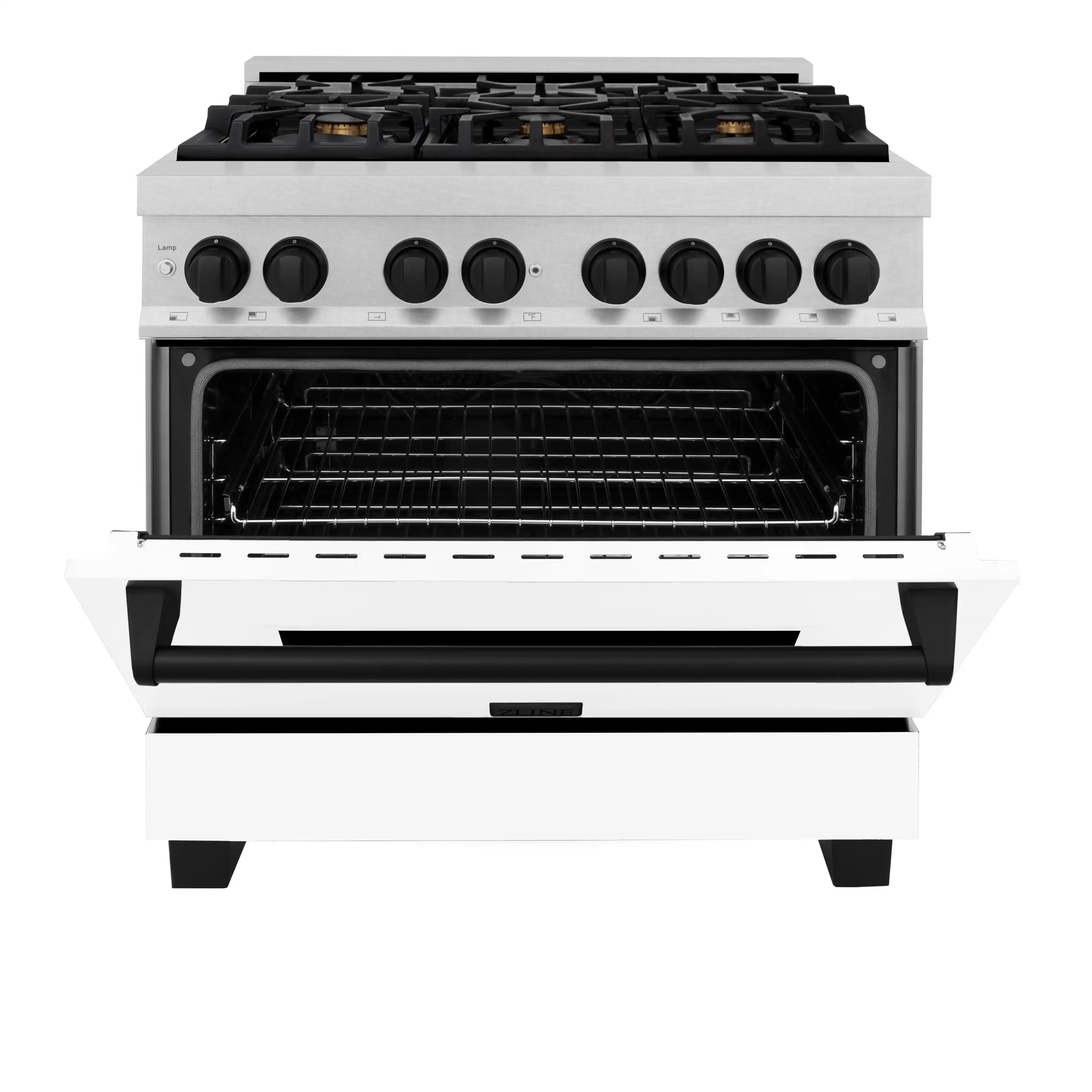 White dual-fuel range with open oven door showing wire rack inside